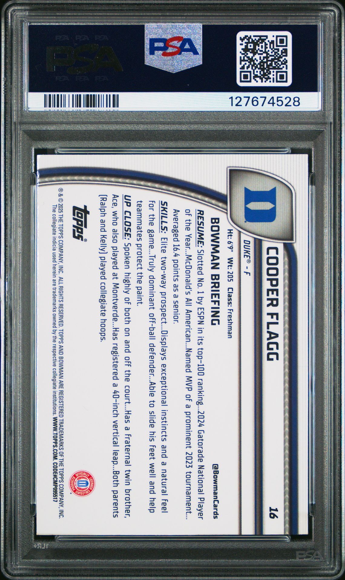 2024 Bowman Chrome University Cooper Flagg #16 (Sky Blue Refractor) Gem Mt 10 back