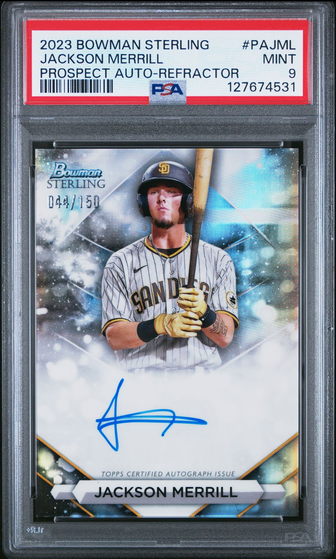 2023 Bowman Sterling Prospect Autographs Jackson Merrill #Pajml (Prospect Auto-Refractor) Mint 9 front