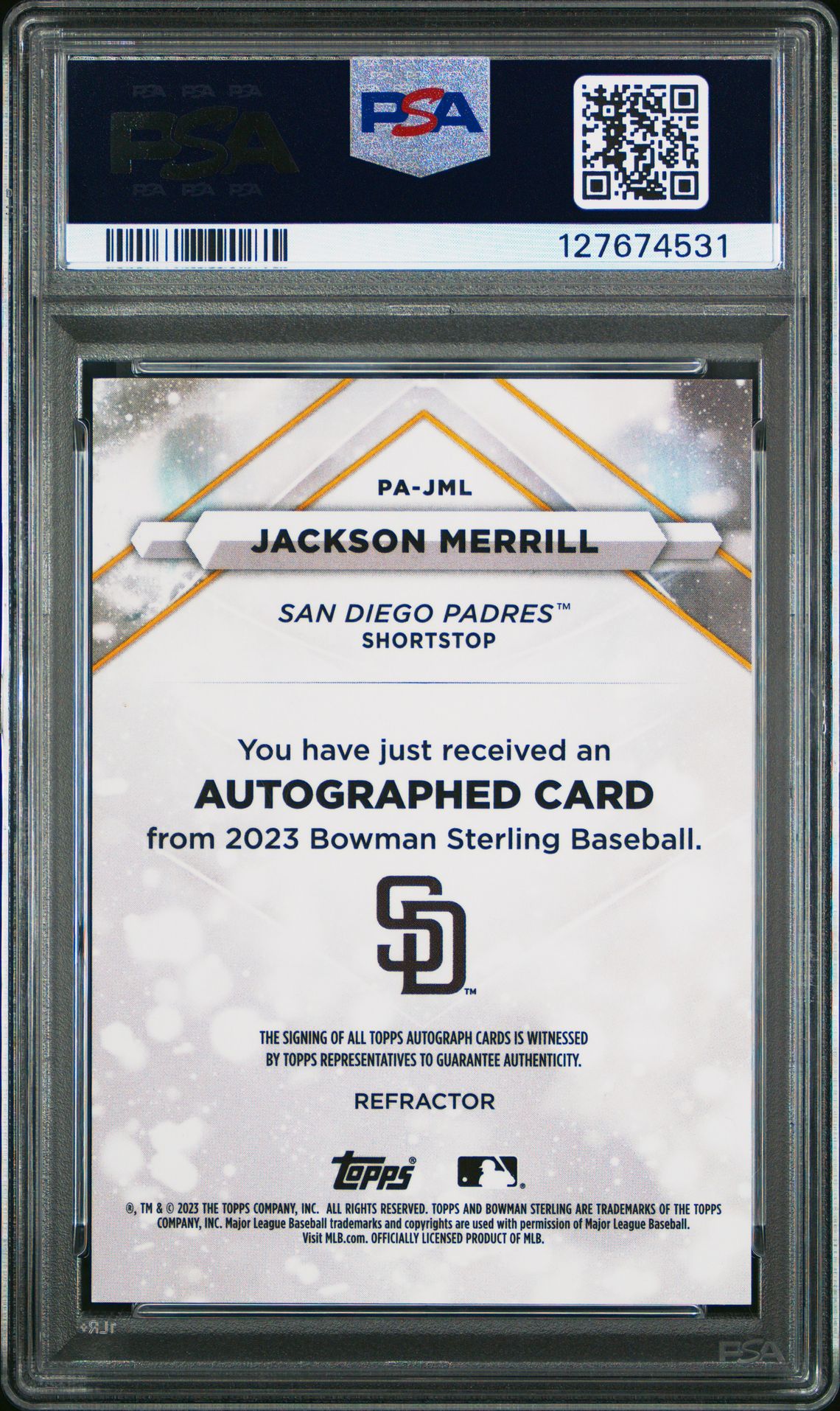 2023 Bowman Sterling Prospect Autographs Jackson Merrill #Pajml (Prospect Auto-Refractor) Mint 9 back