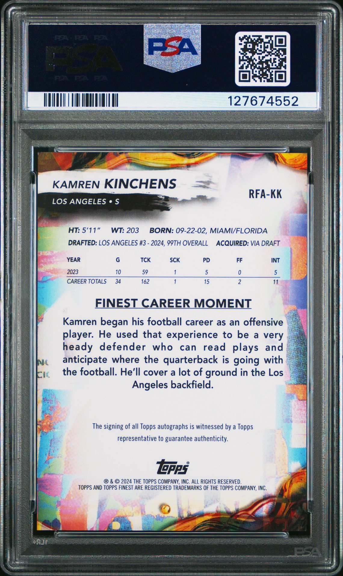 2024 Topps Finest Rookie Finest Autographs Kamren Kinchens #Rfakk Mint 9 back