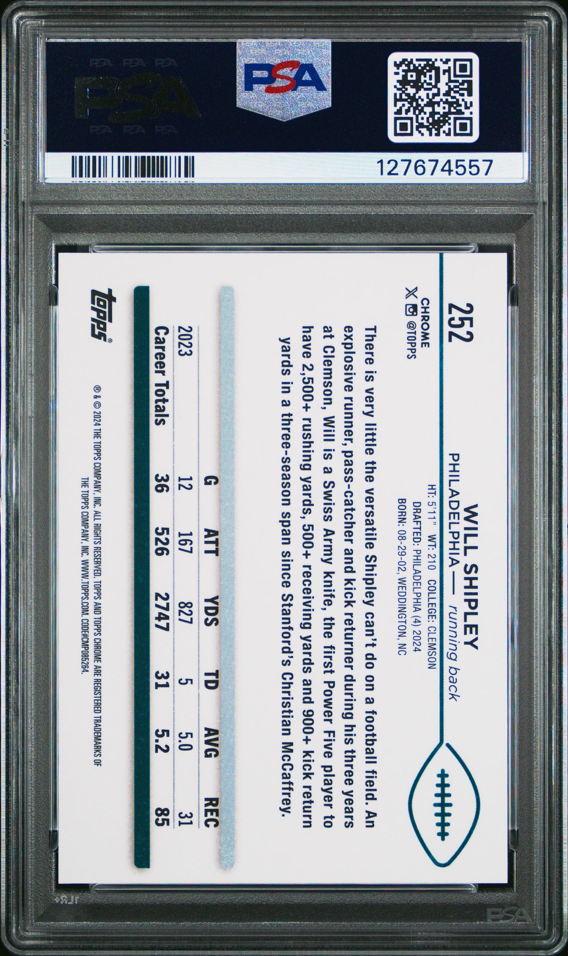 2024 Topps Chrome Sapphire Will Shipley #252 (Gold) Mint 9 back