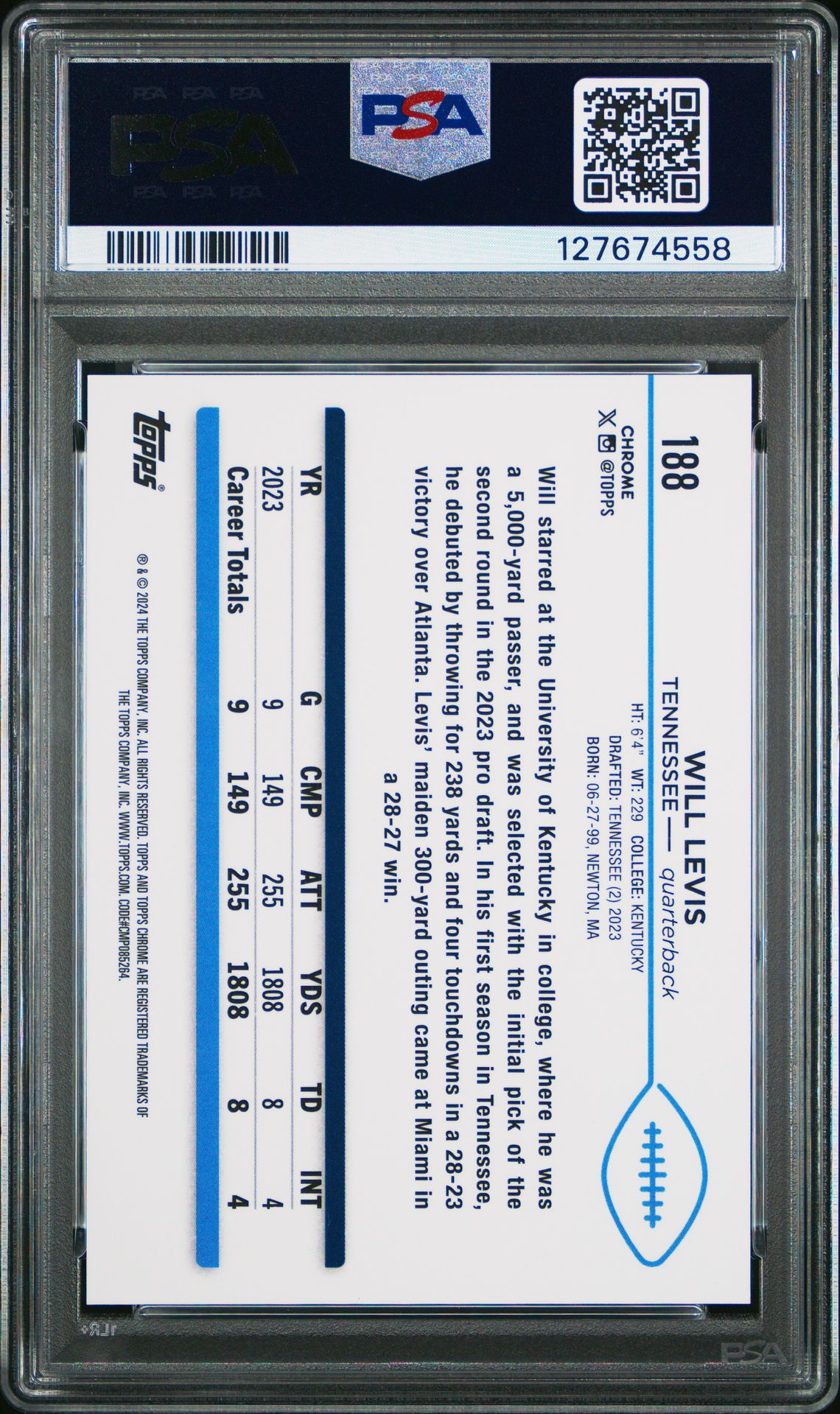 2024 Topps Chrome Sapphire Will Levis #188 (Gold) Gem Mt 10 back