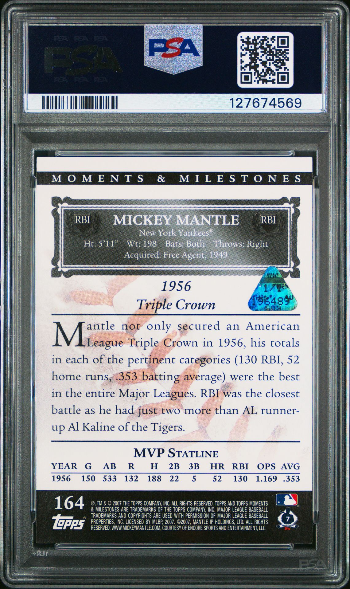2007 Topps Moments & Milestones Mickey Mantle #164 (34 Rbi-Red 1/1) Nm-Mt 8 back
