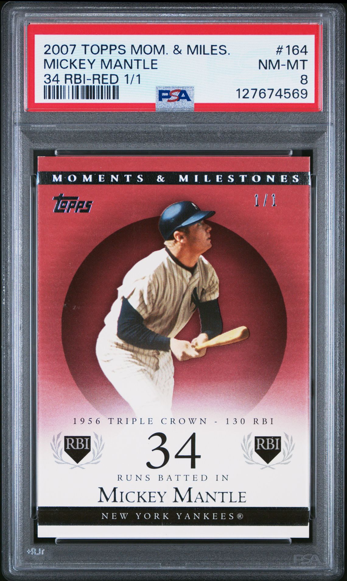 2007 Topps Moments & Milestones Mickey Mantle #164 (34 Rbi-Red 1/1) Nm-Mt 8 front