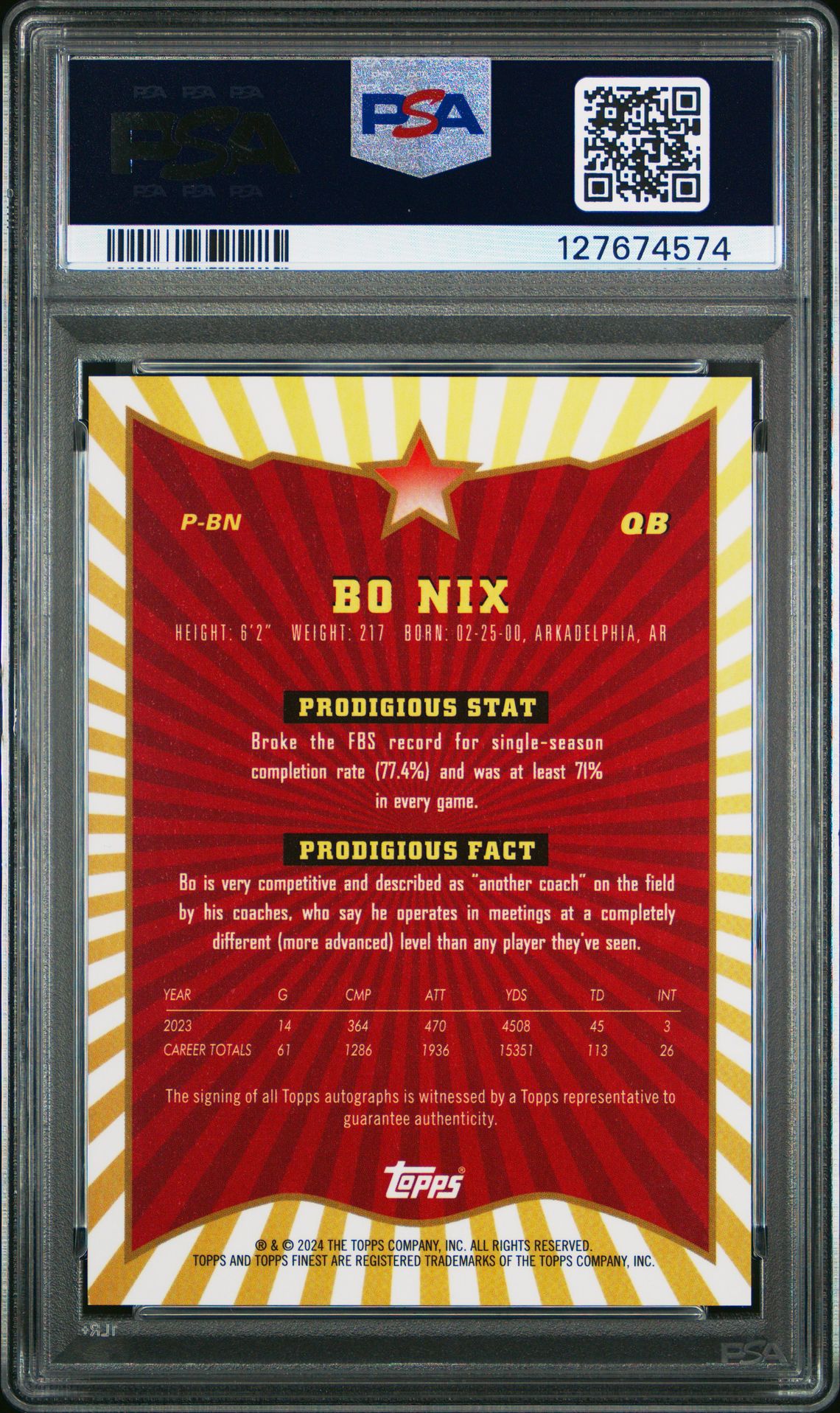 2024 Topps Finest Prodigies Autographs Bo Nix #Pbn Mint 9 back