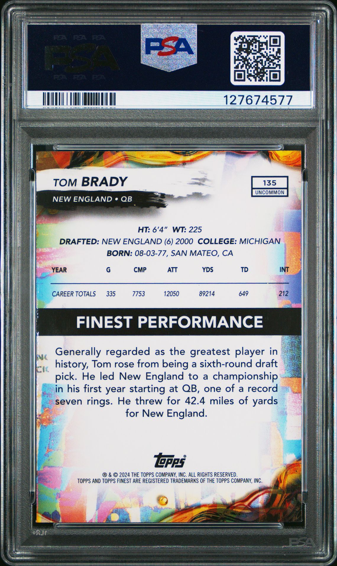 2024 Topps Finest Tom Brady #135 (Sky Blue Refractor) Mint 9 back