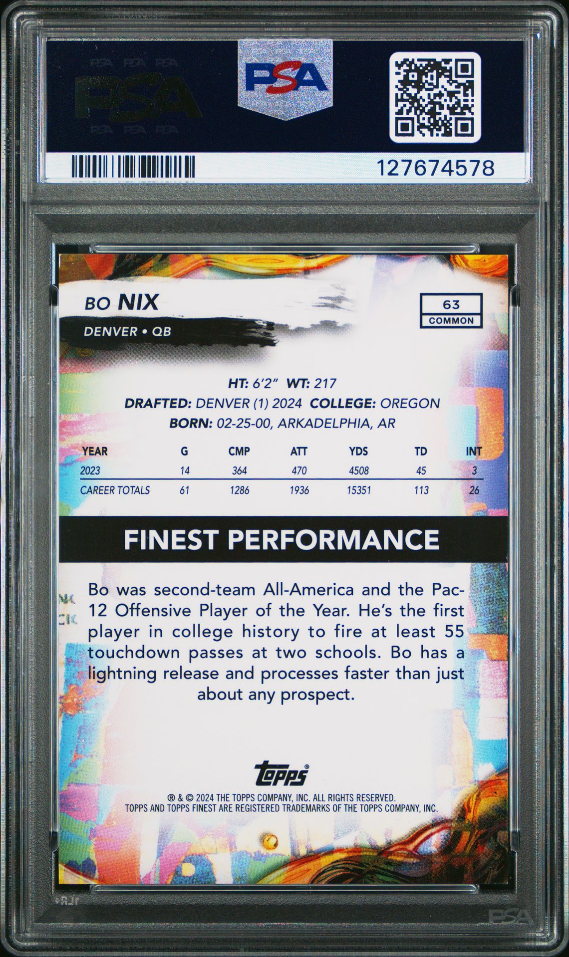 2024 Topps Finest Bo Nix #63 (Oil Spill Geometric) Gem Mt 10 back