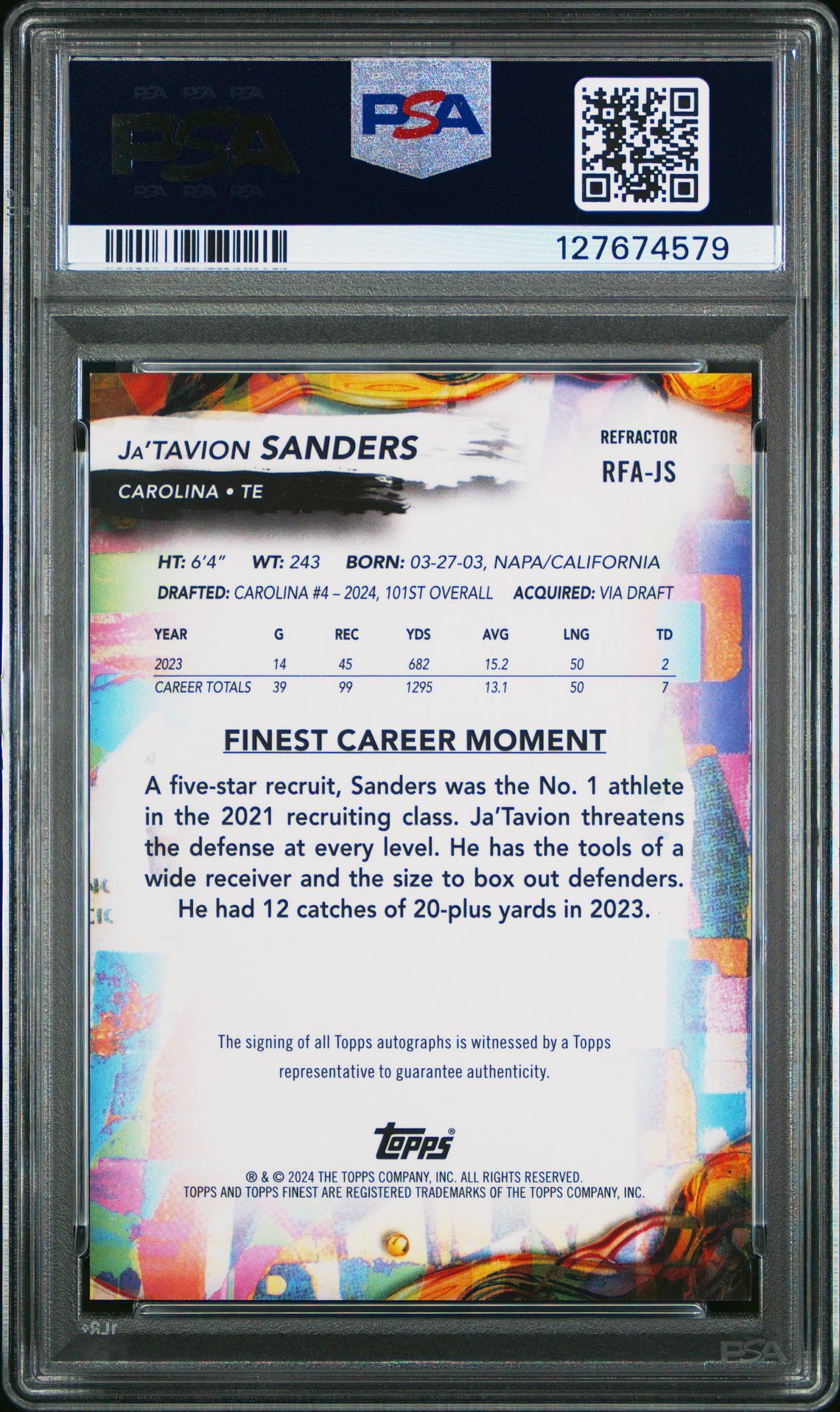 2024 Topps Finest Rookie Finest Autographs Ja'tavion Sanders #Rfajs (Rookie Finest Au-Refractor) Mint 9 back