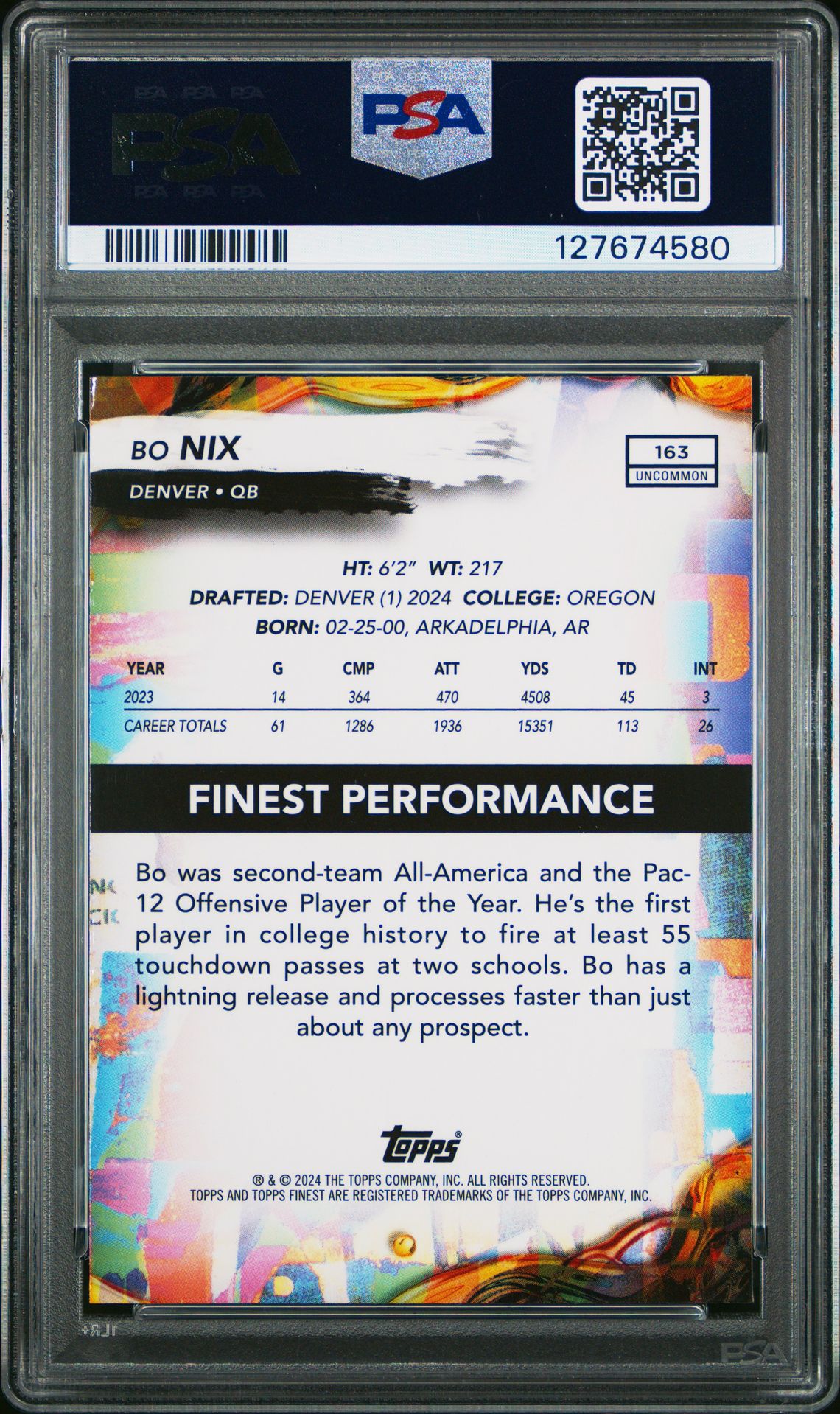 2024 Topps Finest Bo Nix #163 (Blue Checkerboard) Mint 9 back