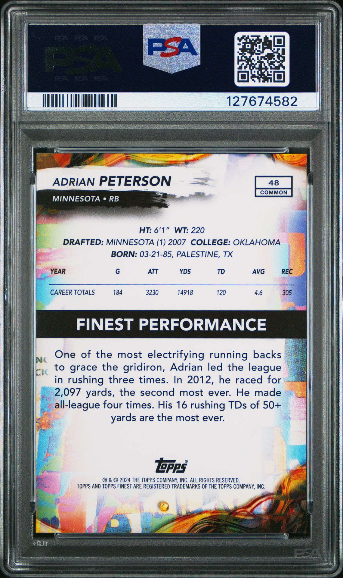 2024 Topps Finest Adrian Peterson #48 (Black Geometric) Gem Mt 10 back