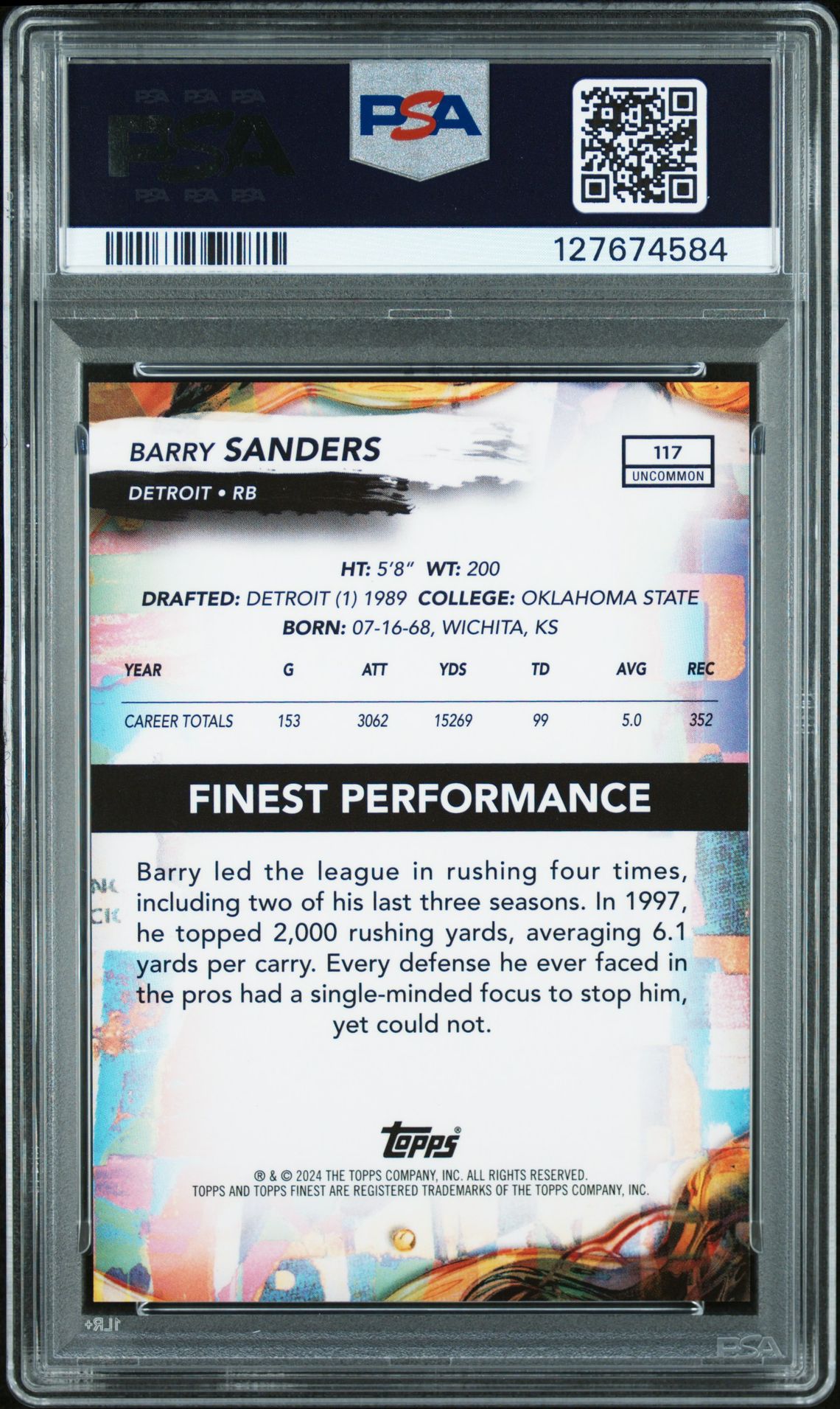 2024 Topps Finest Barry Sanders #117 (Oil Spill Refractor) Gem Mt 10 back