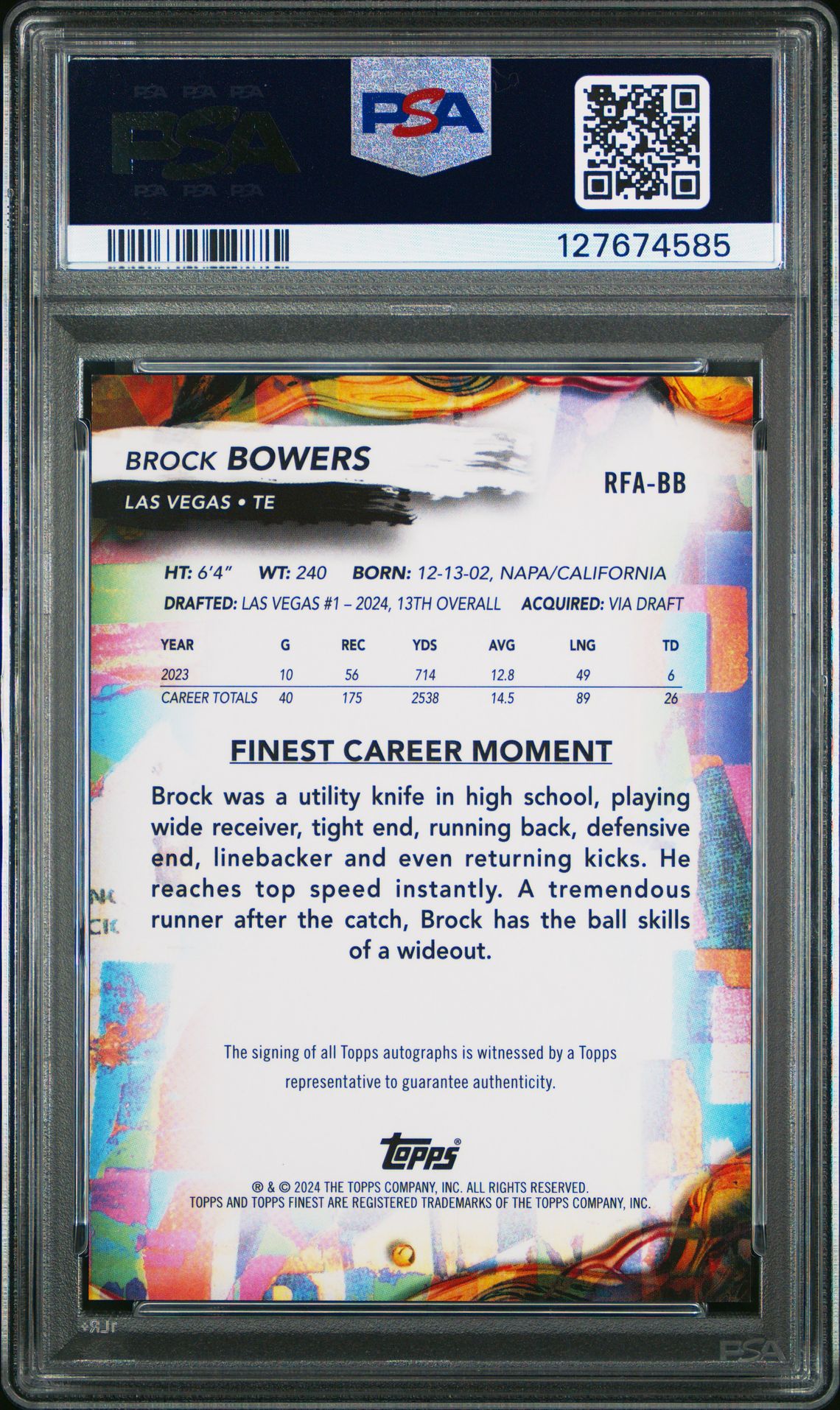 2024 Topps Finest Rookie Finest Autographs Brock Bowers #Rfabb Mint 9 back