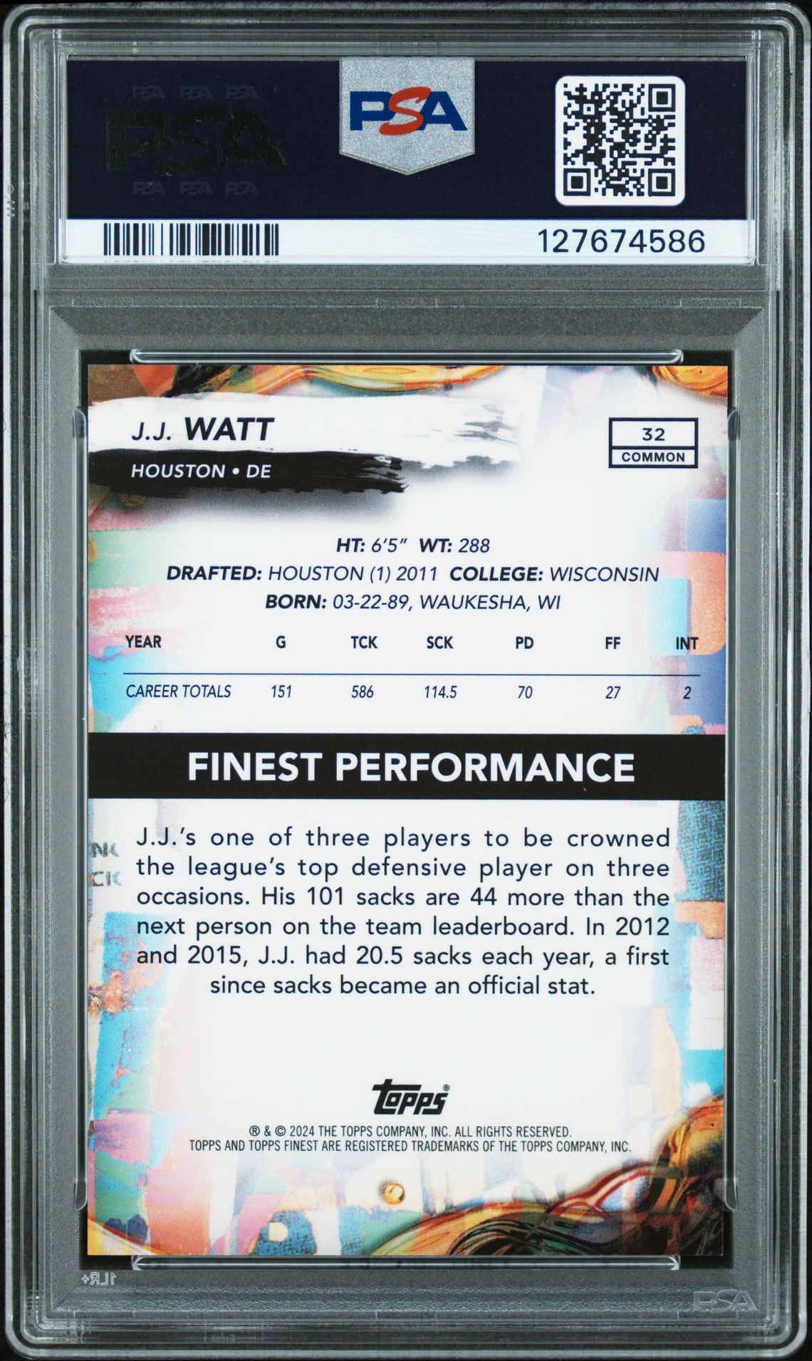 2024 Topps Finest Jj Watt #32 (Gold Geometric) Gem Mt 10 back