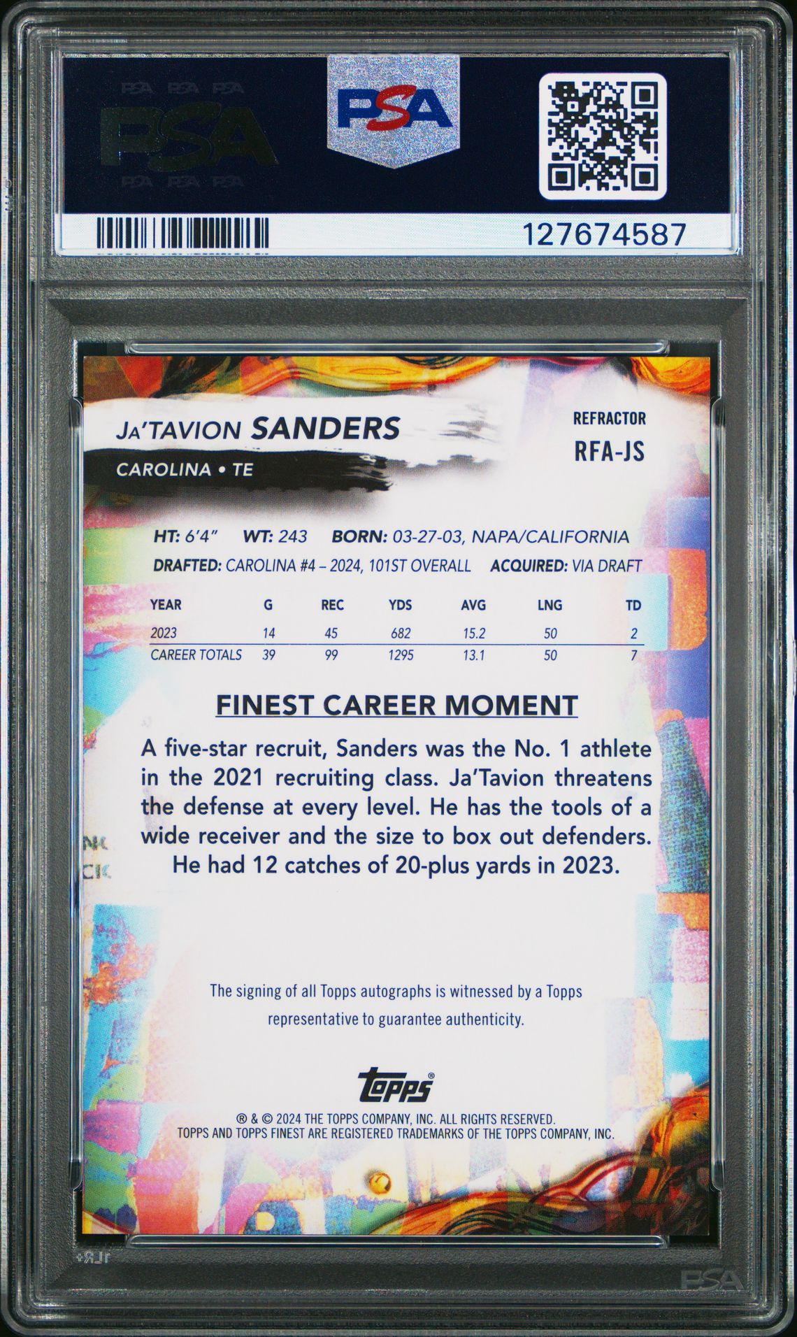 2024 Topps Finest Rookie Finest Autographs Ja'tavion Sanders #Rfajs (Rookie Finest Au-Refractor) Gem Mt 10 back