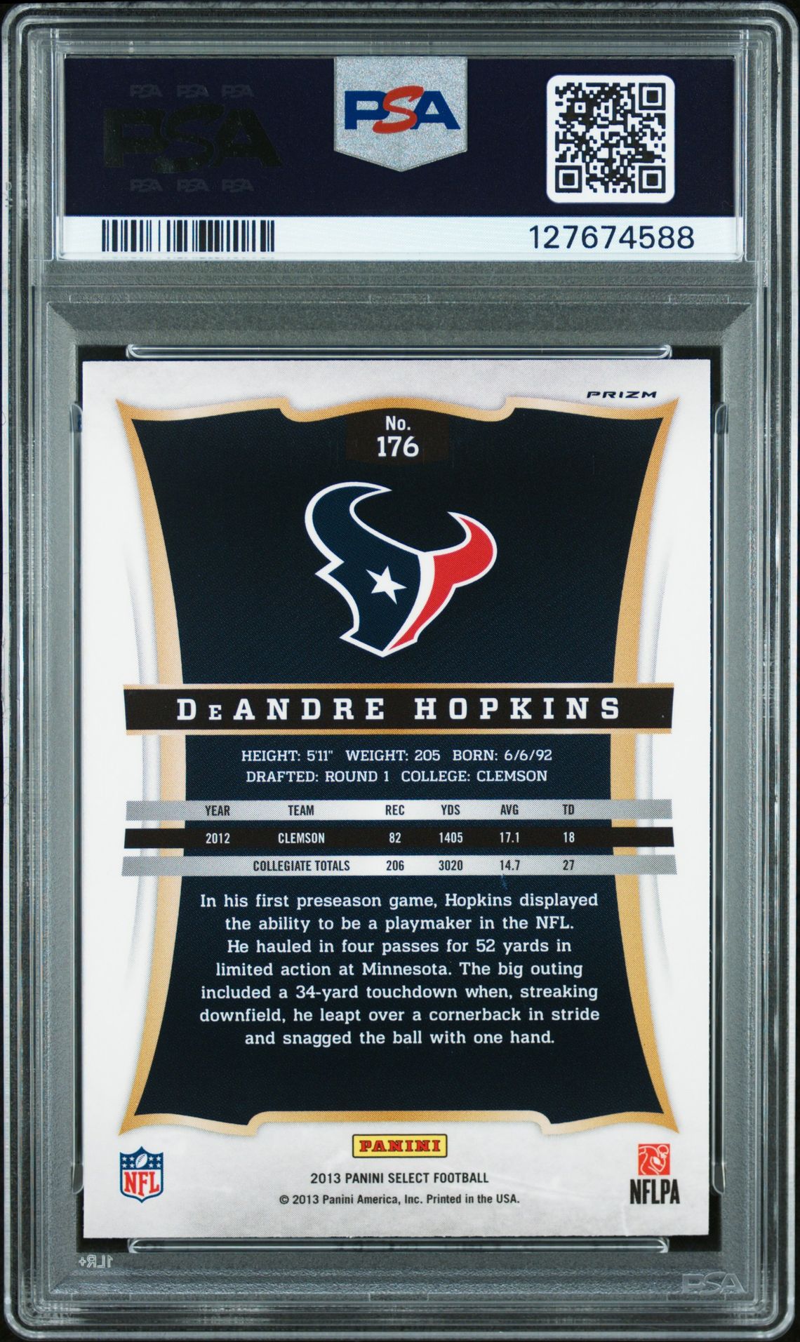 2013 Panini Select Deandre Hopkins #176 (Prizm) Nm-Mt 8 back