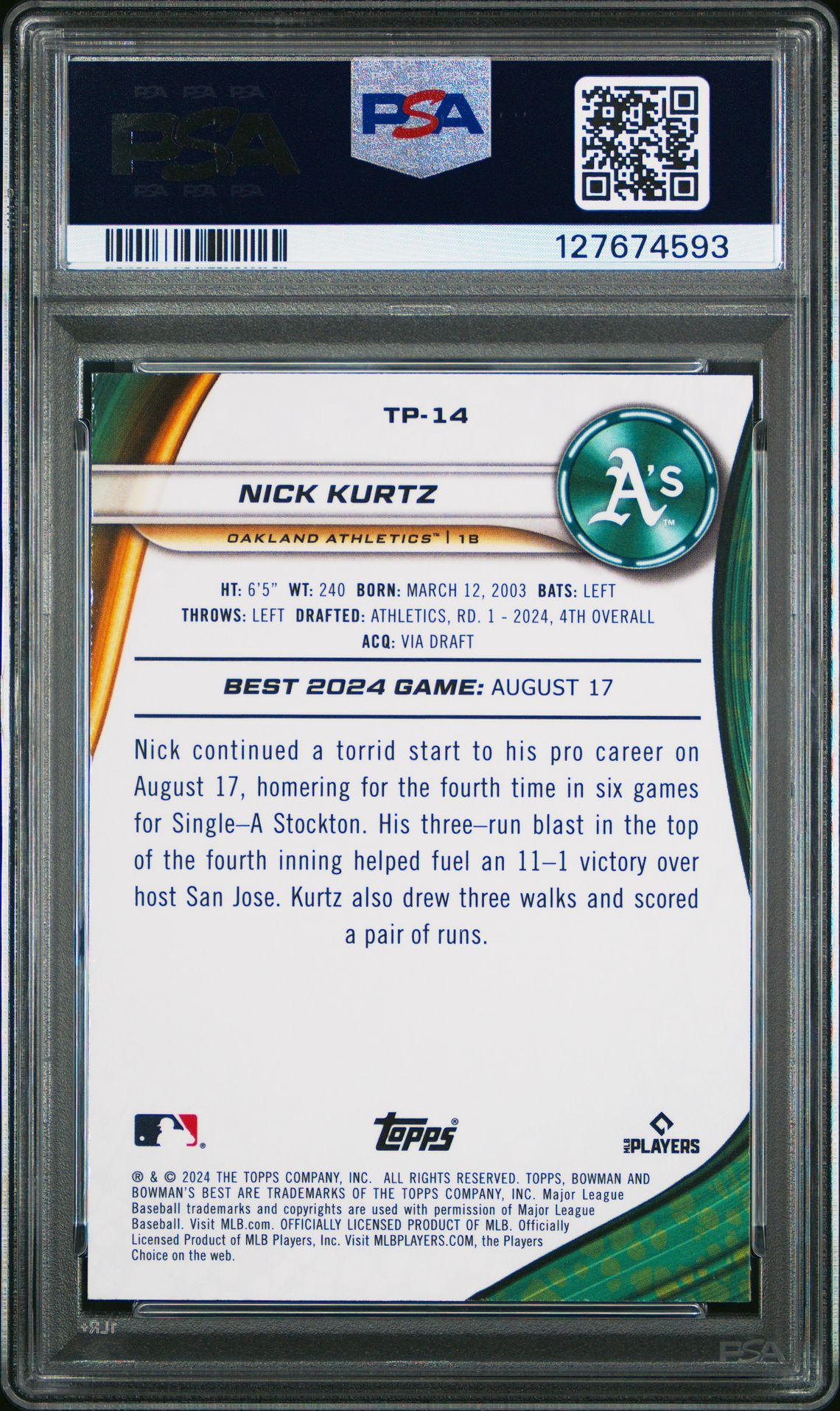 2024 Bowman's Best Top Prospects Nick Kurtz #Tp14 (Top Prospects-Wave) Gem Mt 10 back