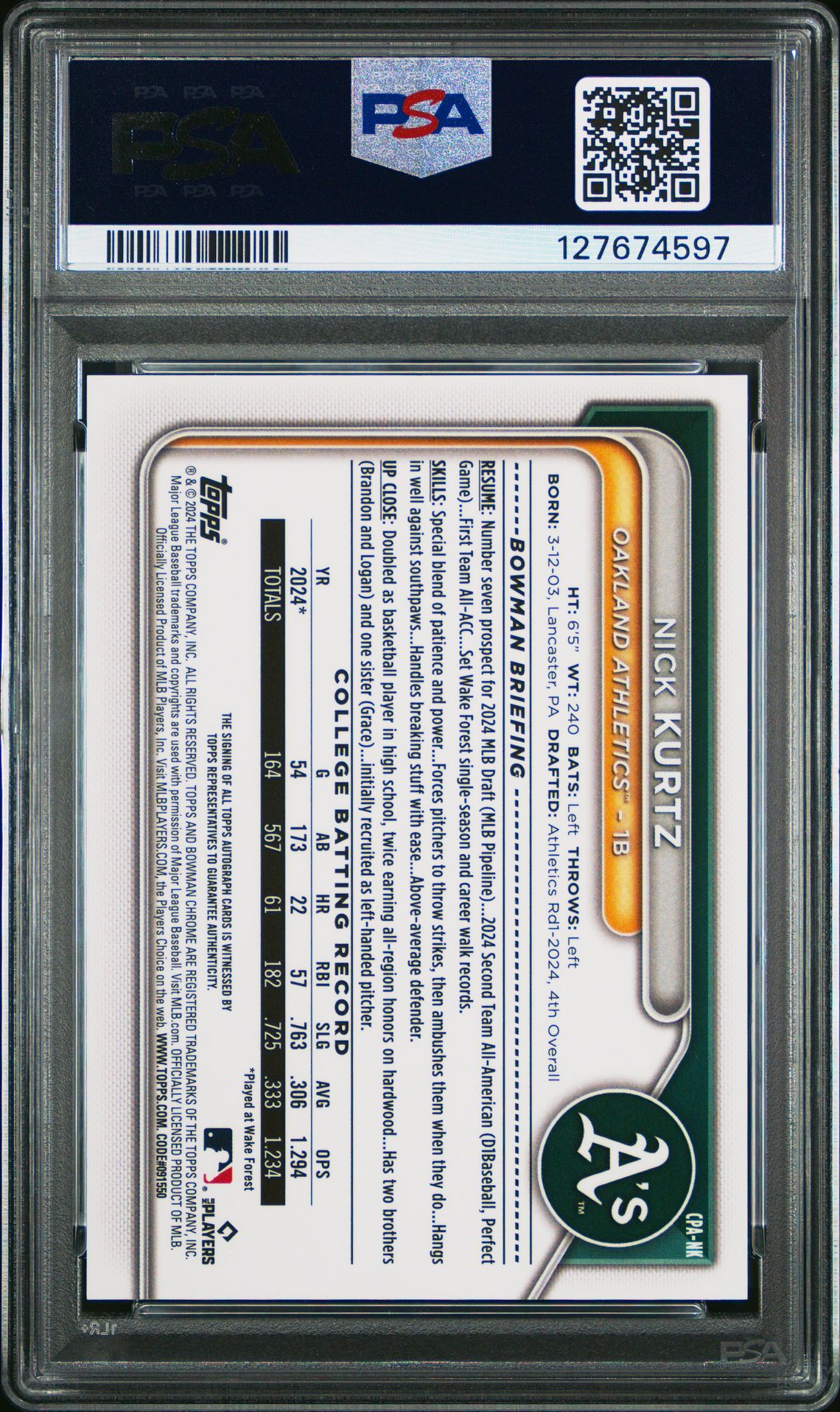 2024 Bowman Draft Chrome Prospect Autographs Nick Kurtz #Cpank (Chr Prospect Au-Green Lava) Nm-Mt 8 back