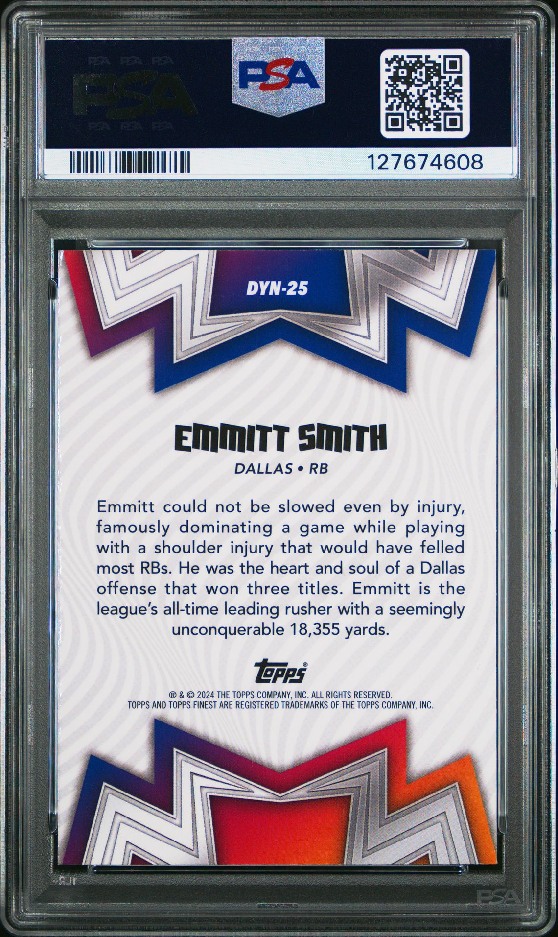 2024 Topps Finest Dynamos Emmitt Smith #Dyn25 (Dynamos-Purple Refractor) Gem Mt 10 back