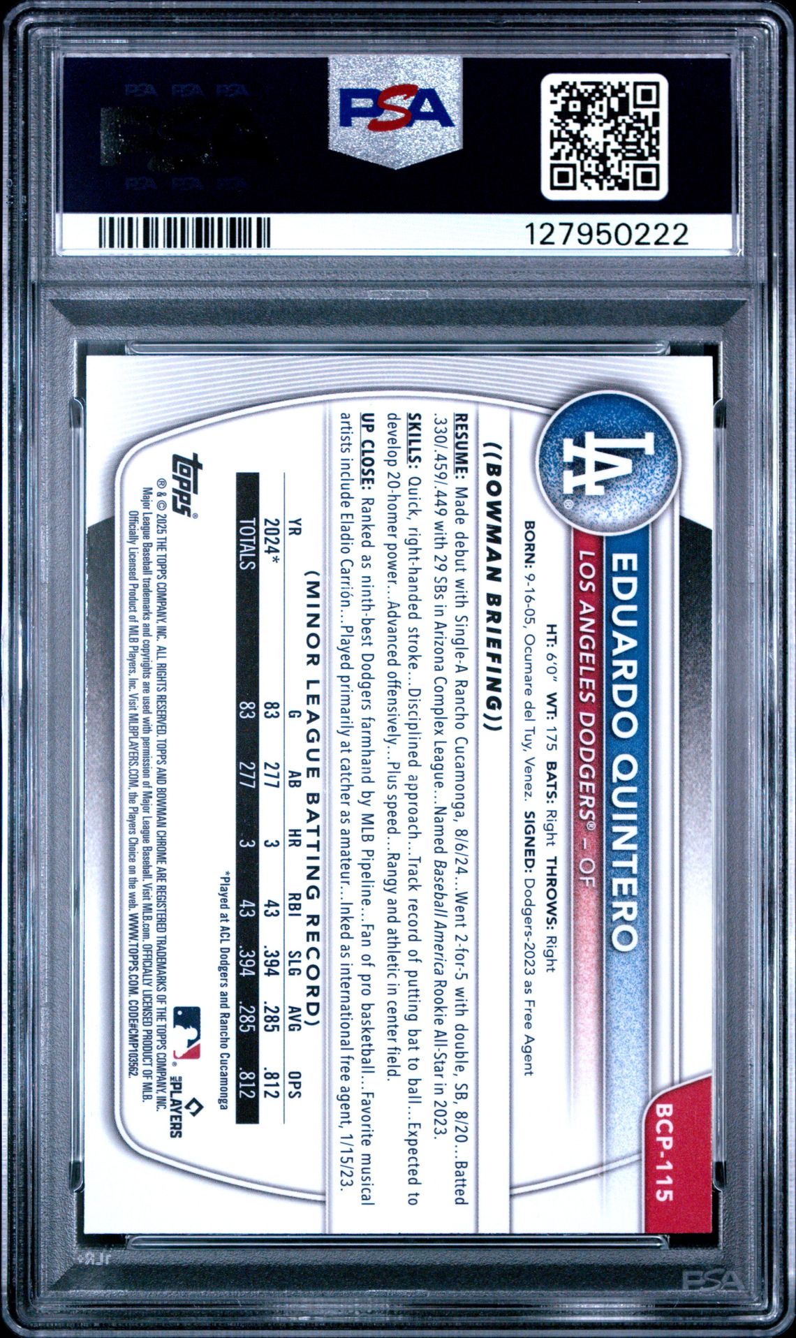 2025 Bowman Mega Box Chrome Prospects Eduardo Quintero #115 (Prospects-Aqua Refractor) Gem Mt 10 back