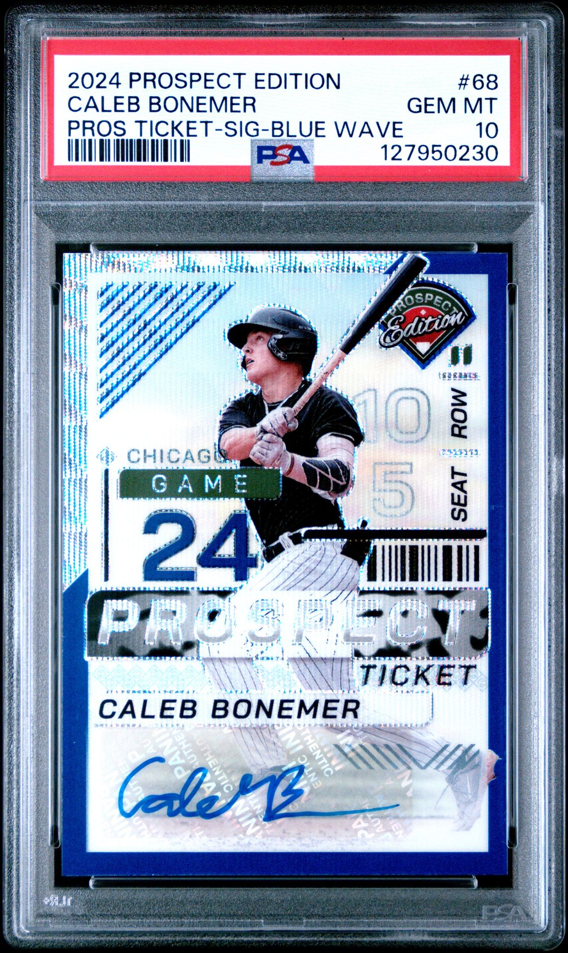 2024 Panini Prospect Edition Prospect Ticket Caleb Bonemer #68 (Pros Ticket-Sig-Blue Wave) Gem Mt 10 front