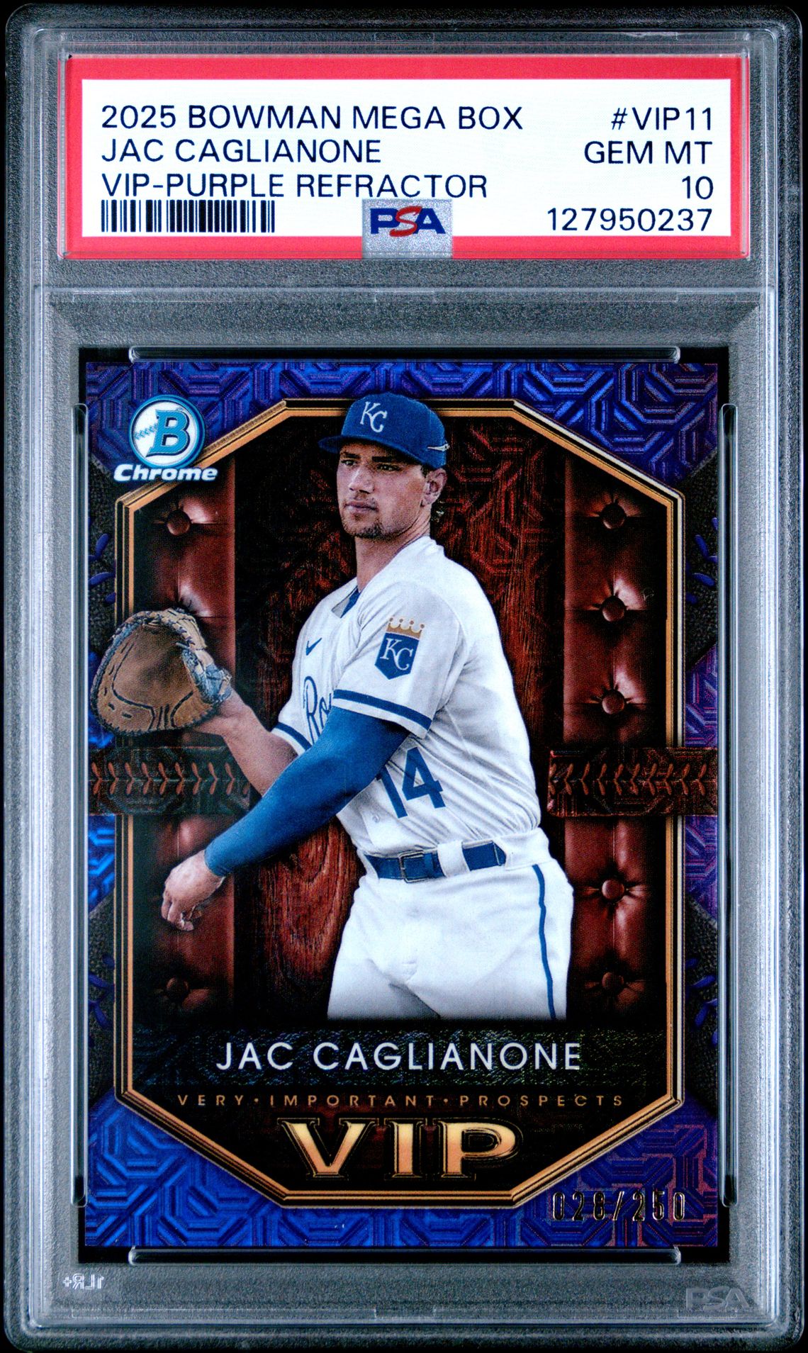 2025 Bowman Mega Box Very Important Prospects Jac Caglianone #Vip11 (Vip-Purple Refractor) Gem Mt 10 front