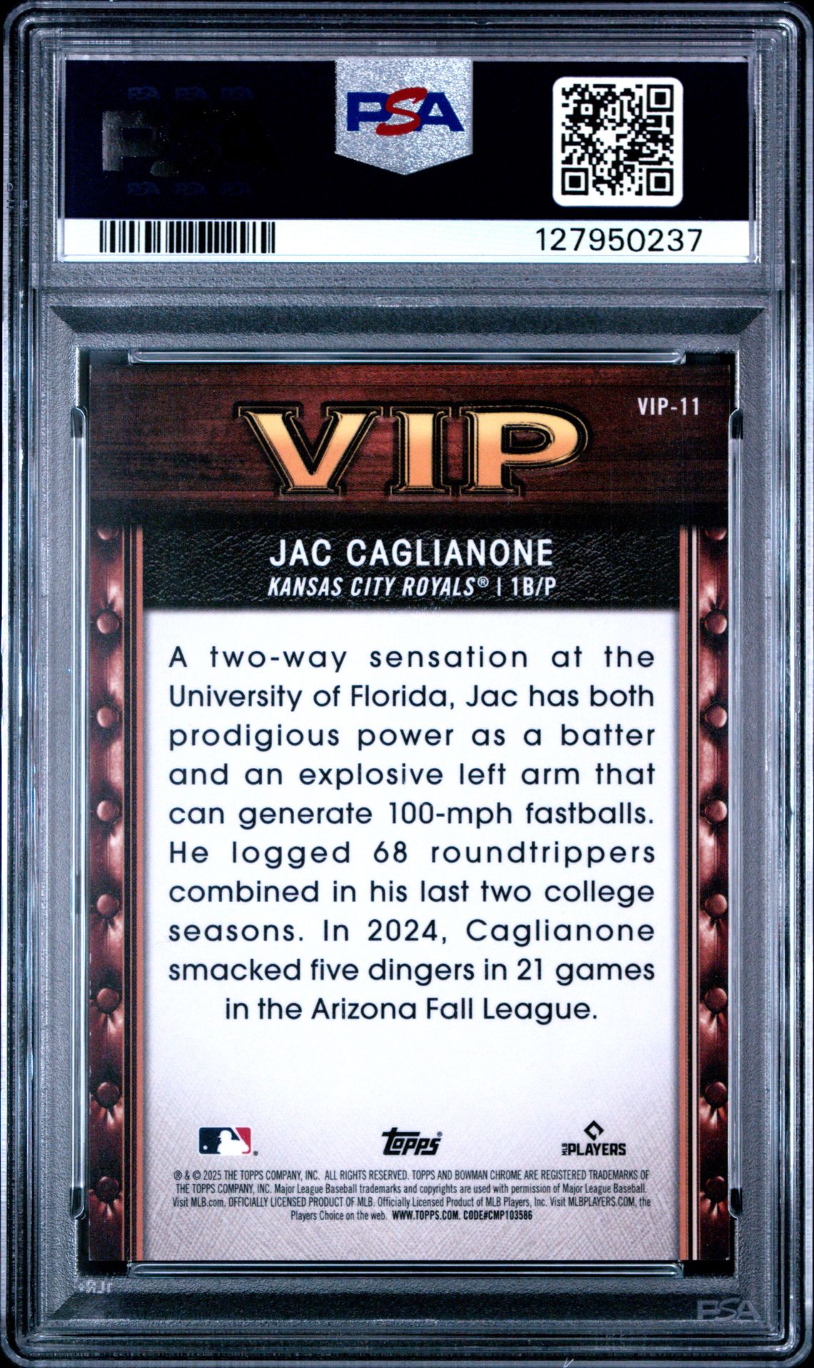 2025 Bowman Mega Box Very Important Prospects Jac Caglianone #Vip11 (Vip-Purple Refractor) Gem Mt 10 back