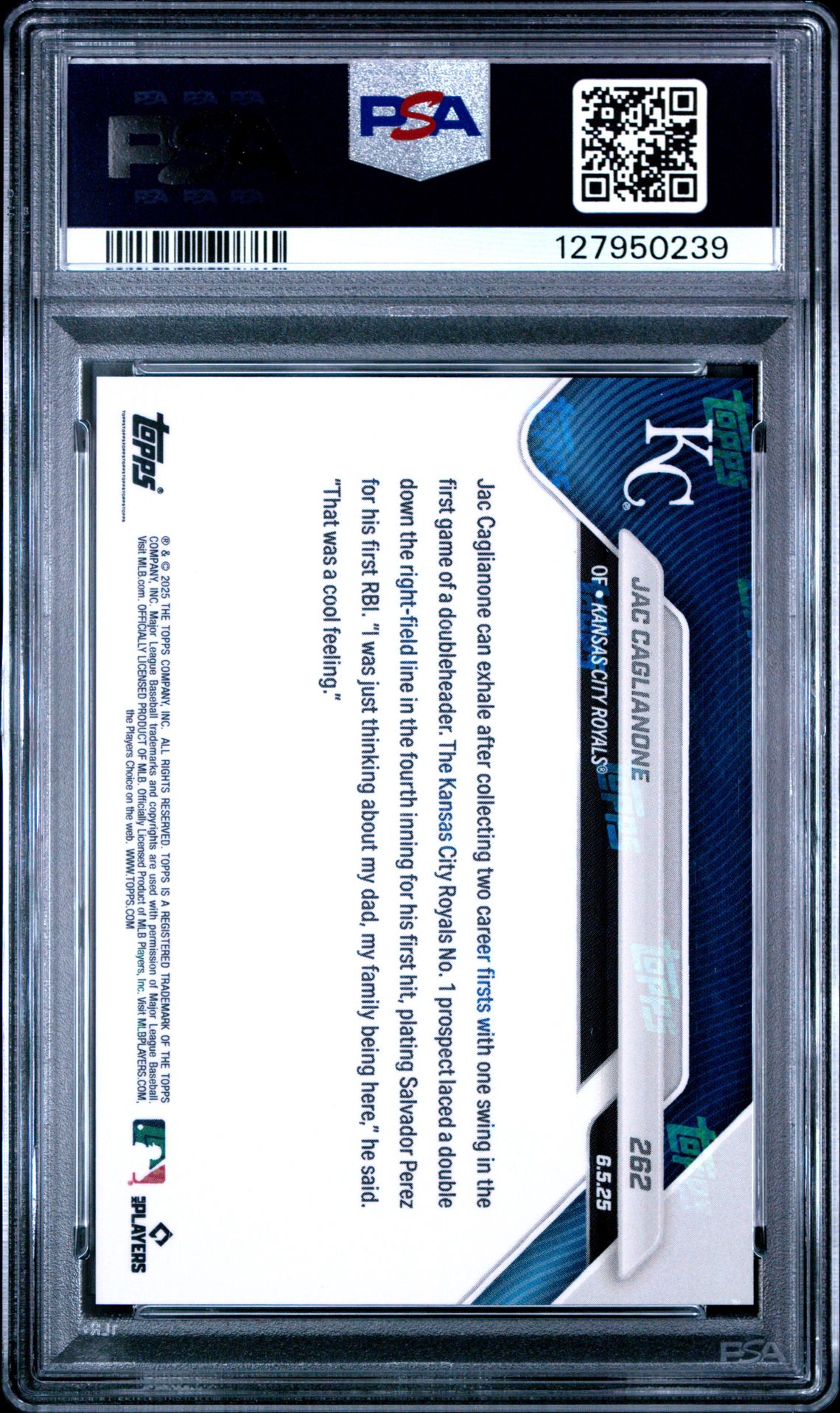 2025 Topps Now Jac Caglianone #262 Gem Mt 10 back