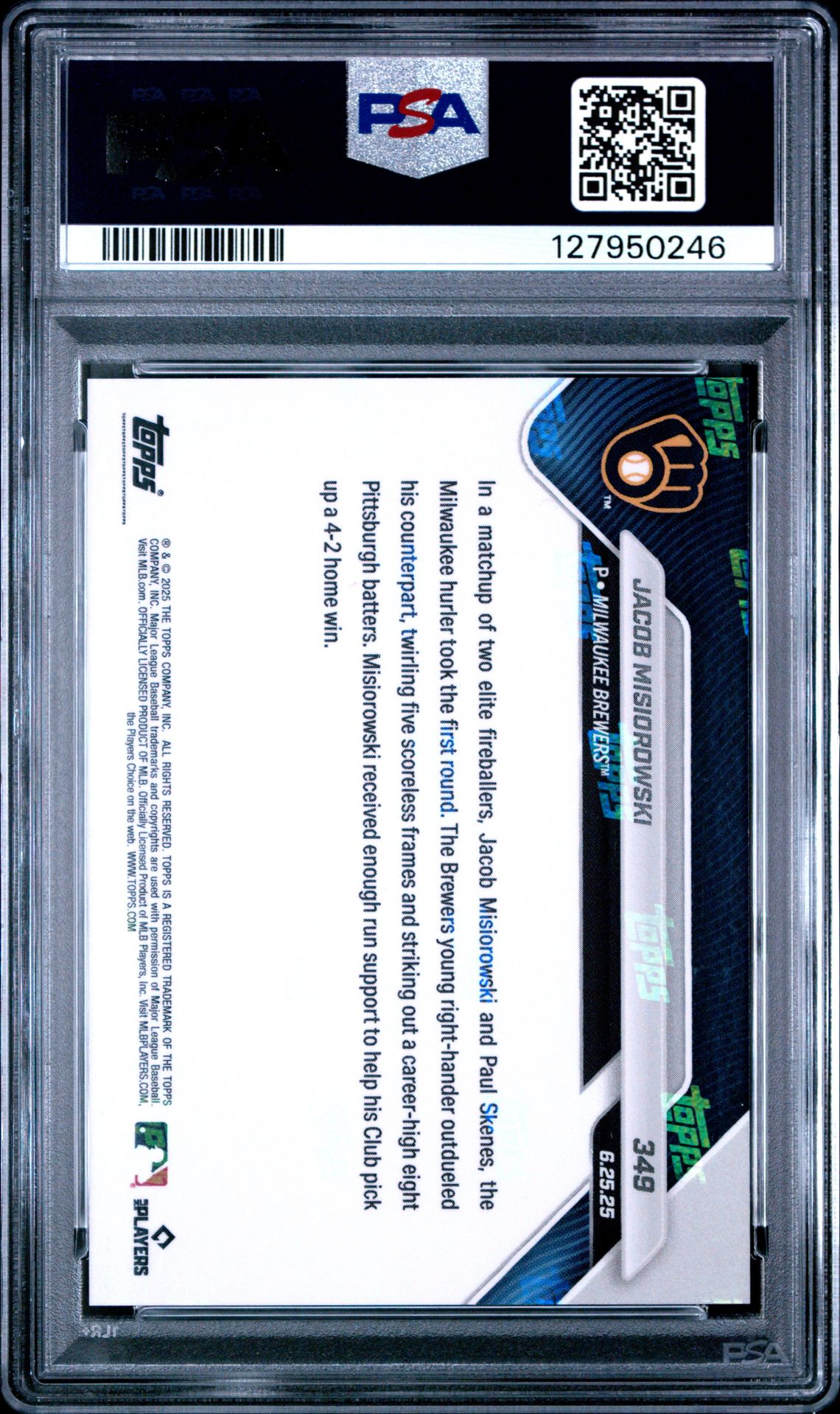 2025 Topps Now Jacob Misiorowski #349 Gem Mt 10 back