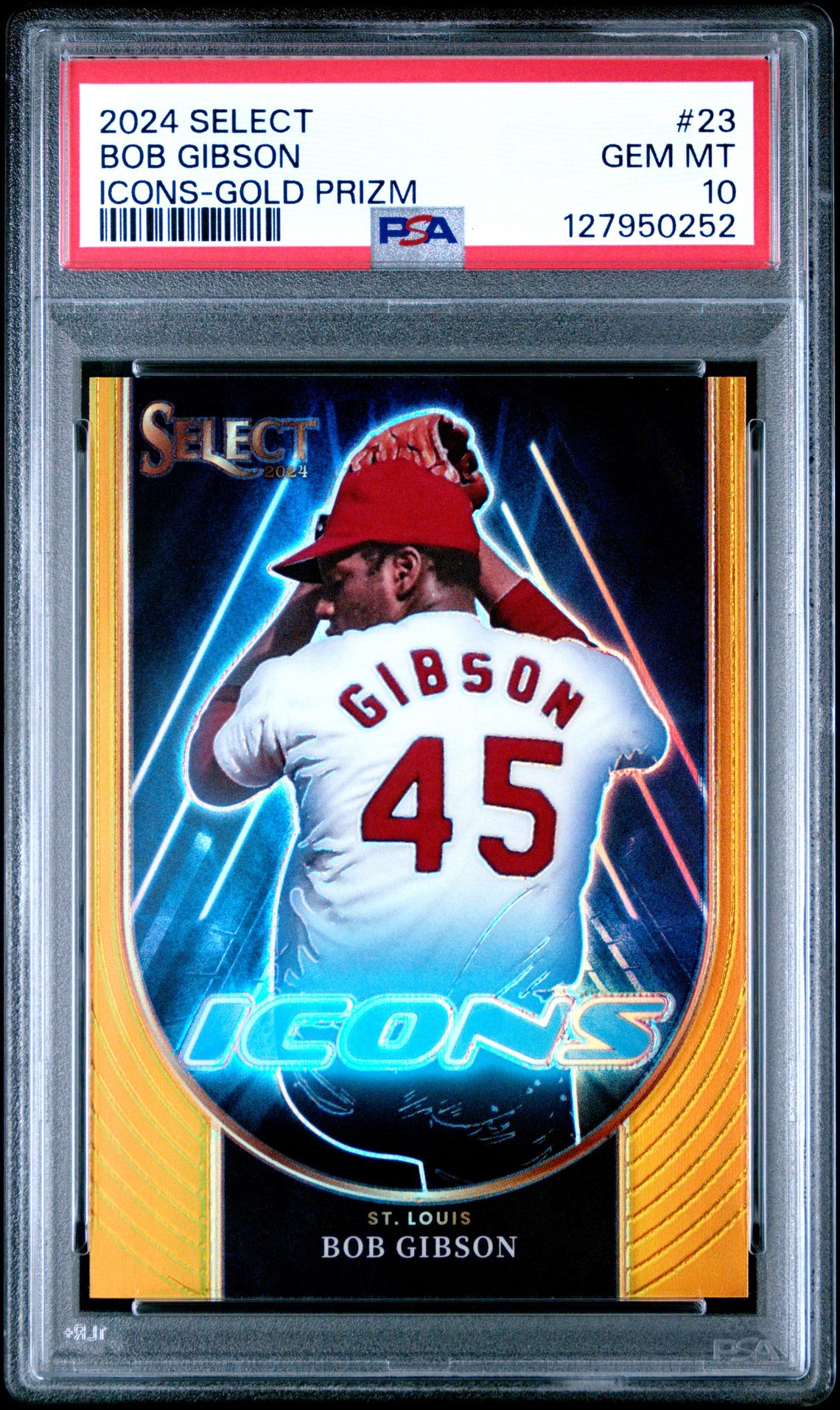 2024 Panini Select Icons Bob Gibson #23 (Icons-Gold Prizm) Gem Mt 10 front