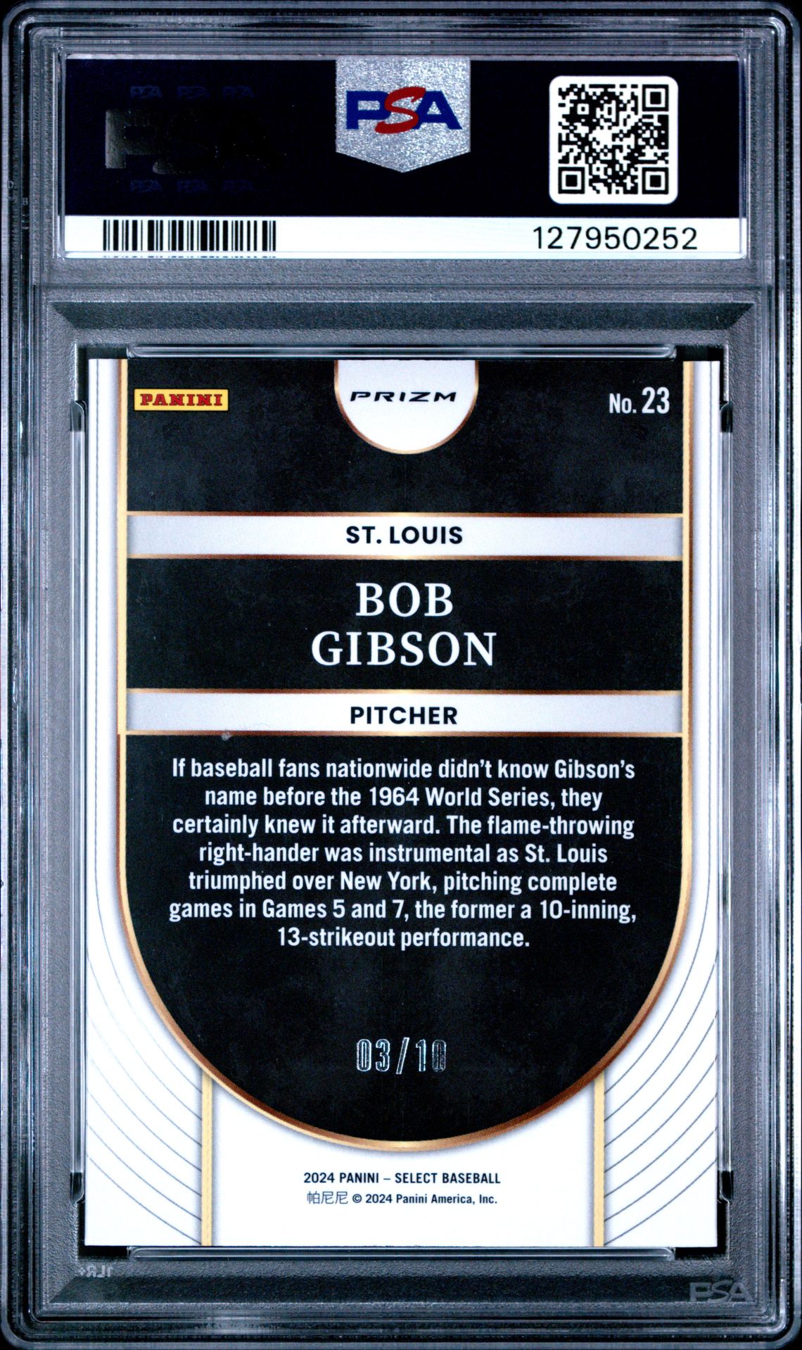 2024 Panini Select Icons Bob Gibson #23 (Icons-Gold Prizm) Gem Mt 10 back