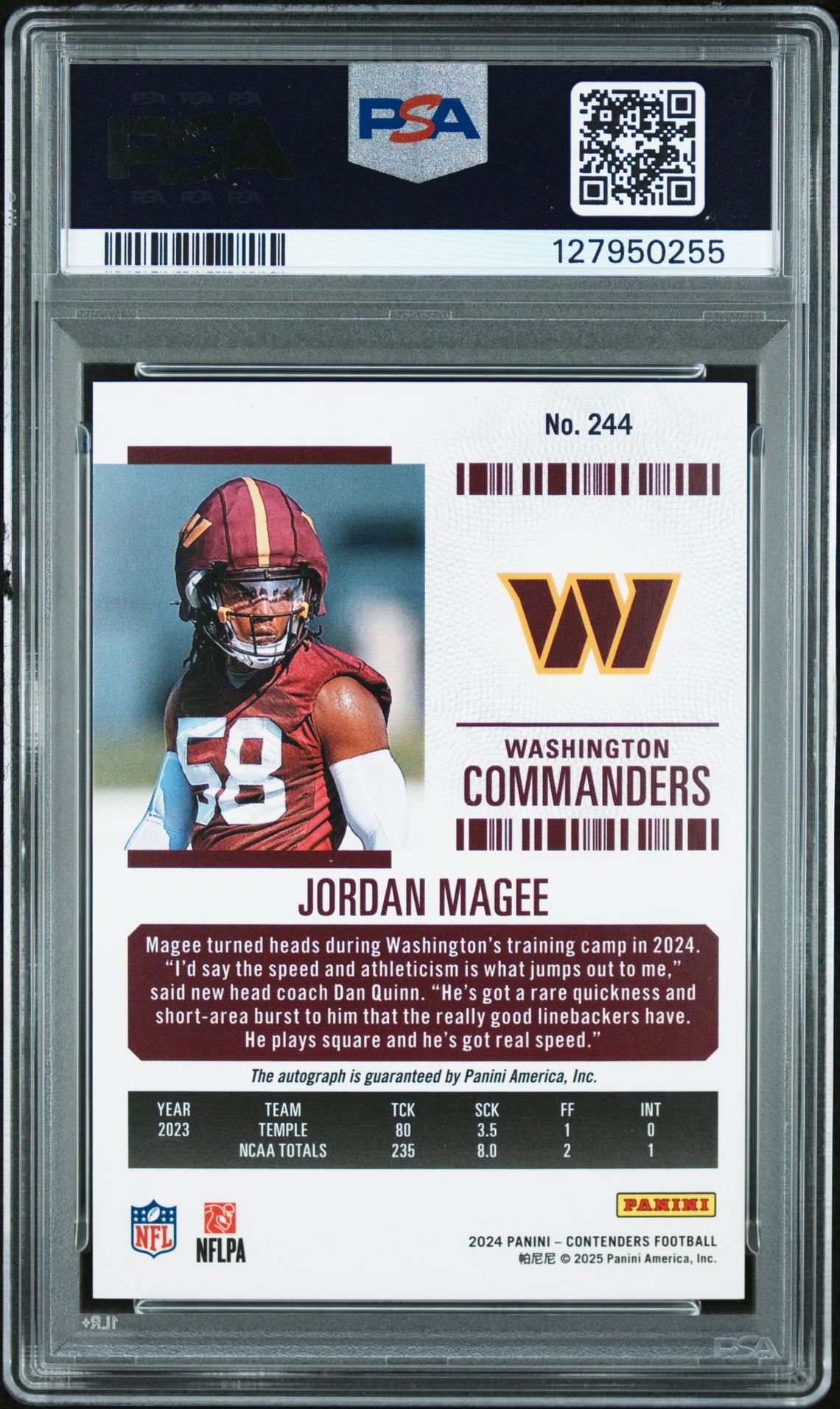 2024 Panini Contenders Jordan Magee #244 (Auto-Opening Kickoff Ticket) Mint 9 back