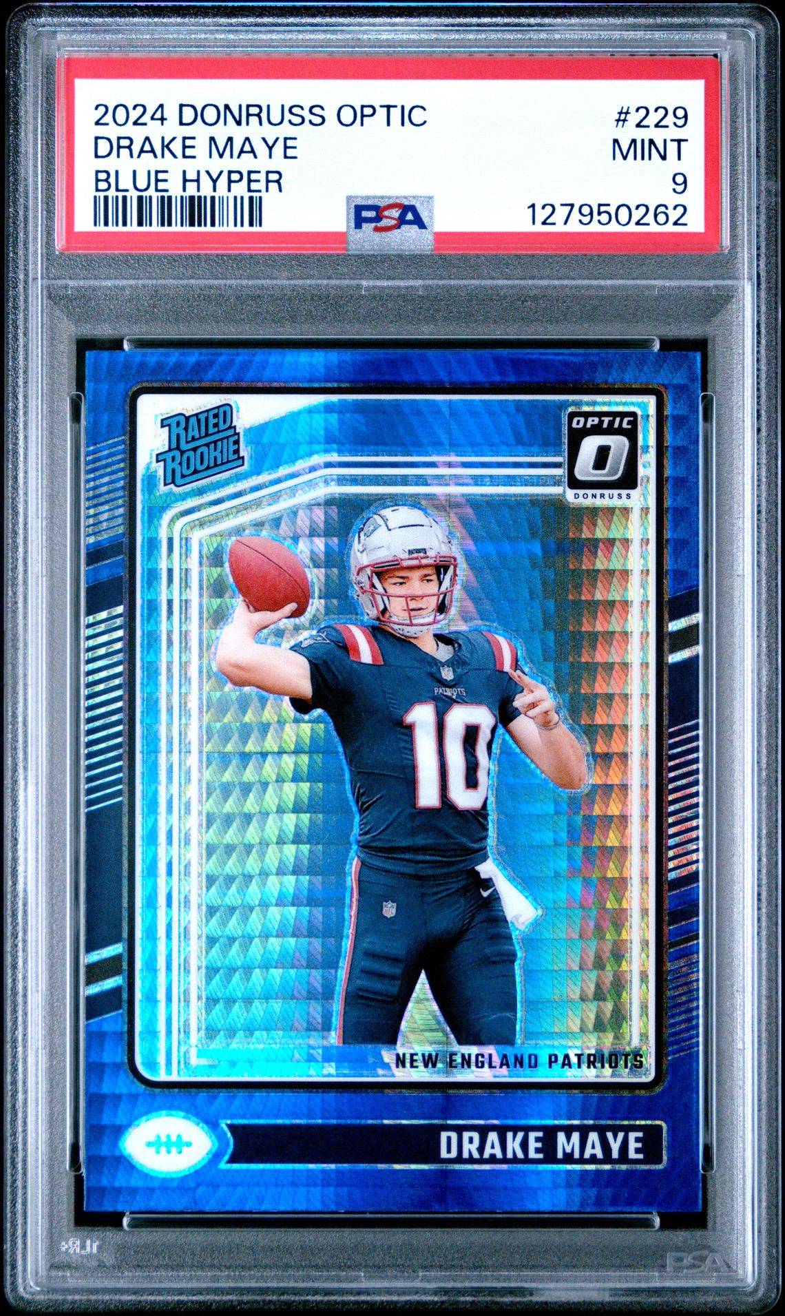 2024 Panini Donruss Optic Drake Maye #229 (Blue Hyper) Mint 9 front