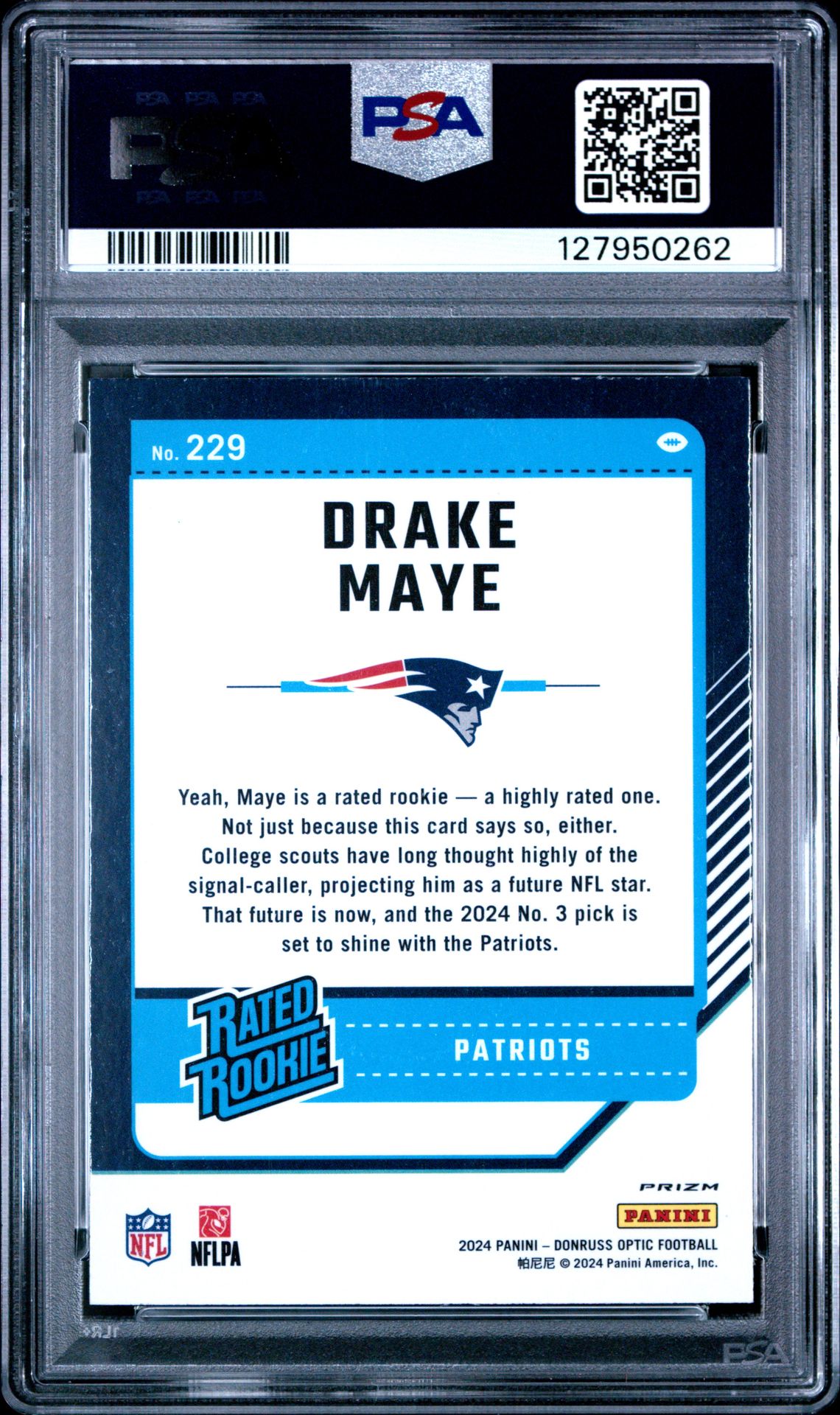 2024 Panini Donruss Optic Drake Maye #229 (Blue Hyper) Mint 9 back