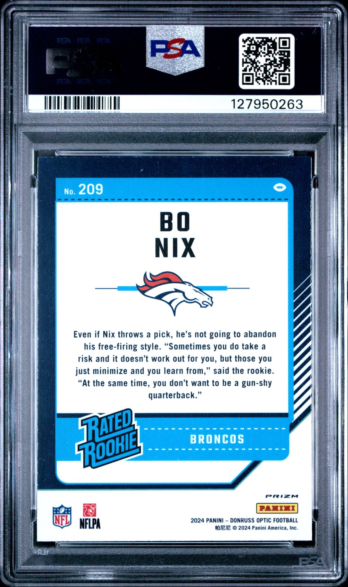 2024 Panini Donruss Optic Bo Nix #209 (Blue Hyper) Mint 9 back