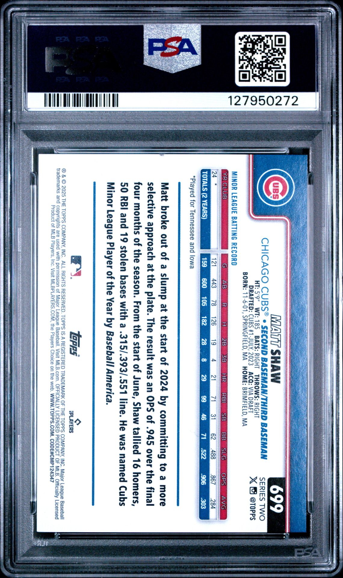 2025 Topps Matt Shaw #699 (Sp) Mint 9 back