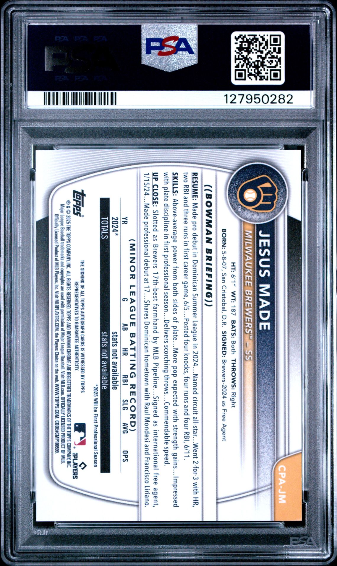 2025 Bowman Chrome Prospect Autographs Jesus Made #Cpajm Gem Mt 10 back