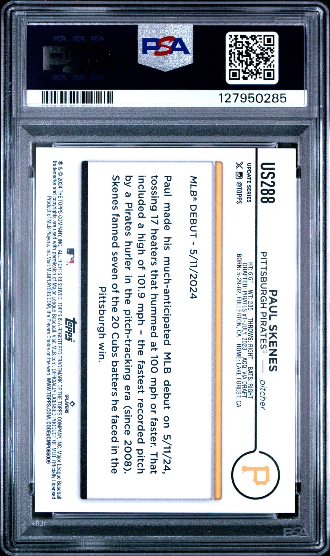 2024 Topps Update Paul Skenes #Us288 (Yellow) Gem Mt 10 back