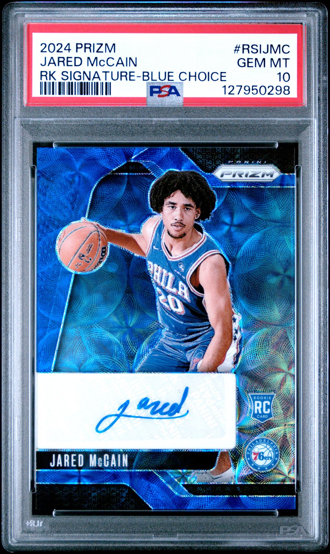 2024 Panini Prizm Rookie Signatures Jared Mccain #Rsijmc (Rk Signature-Blue Choice) Gem Mt 10 front
