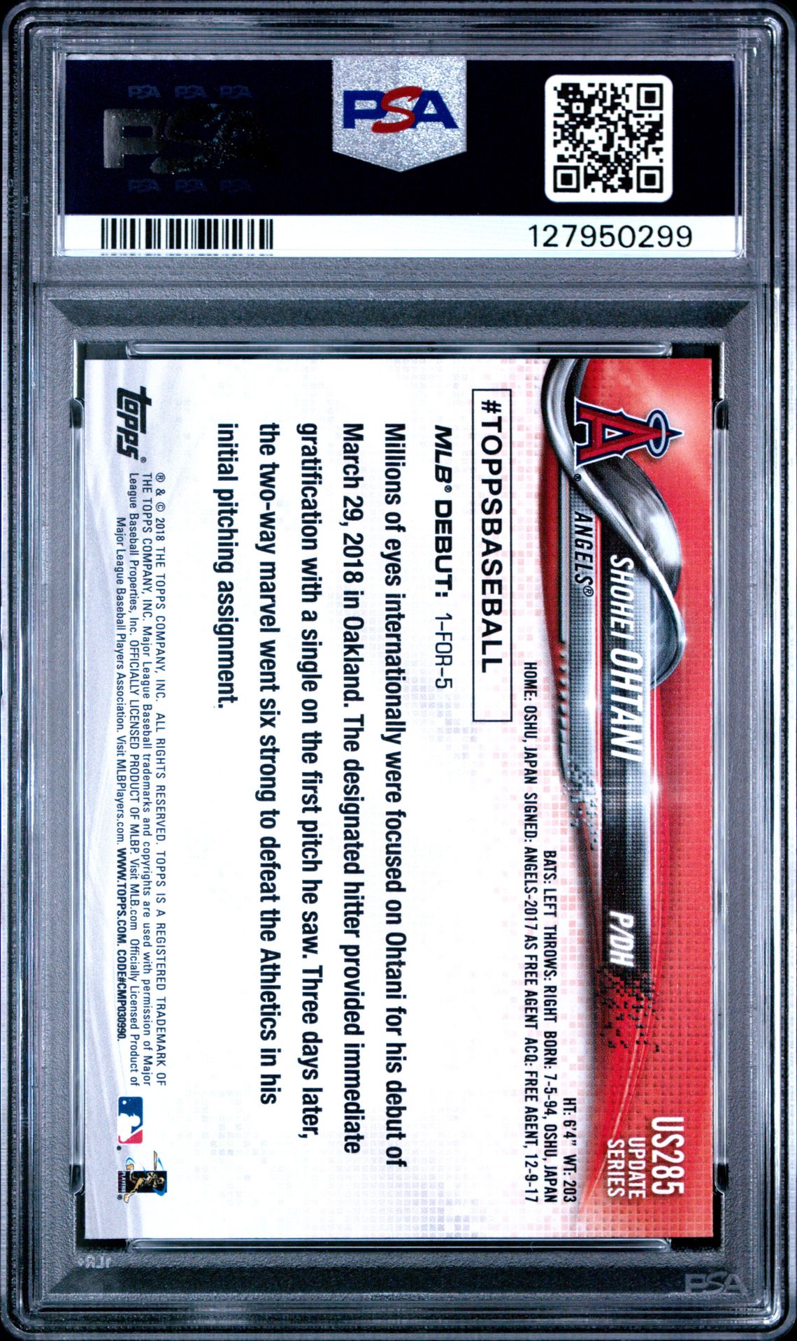 2018 Topps Update Shohei Ohtani #Us285 Gem Mt 10 back