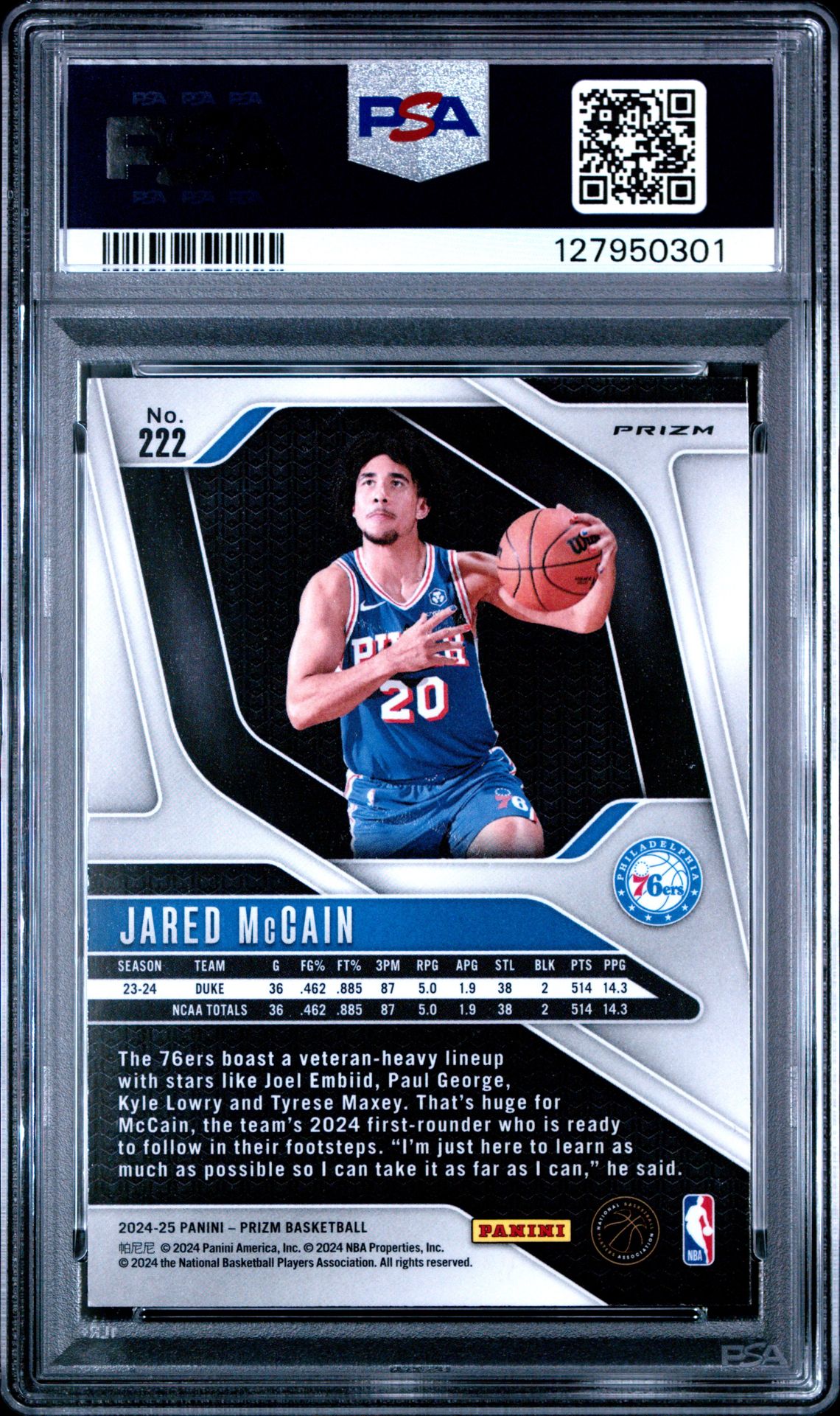 2024 Panini Prizm Jared Mccain #222 (Silver Prizm) Mint 9 back