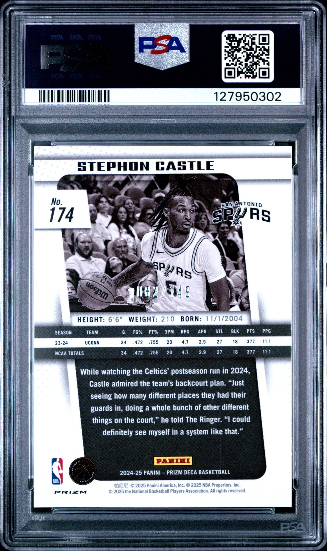 2024 Panini Prizm Deca Stephon Castle #174 (Blue Prizm) Gem Mt 10 back