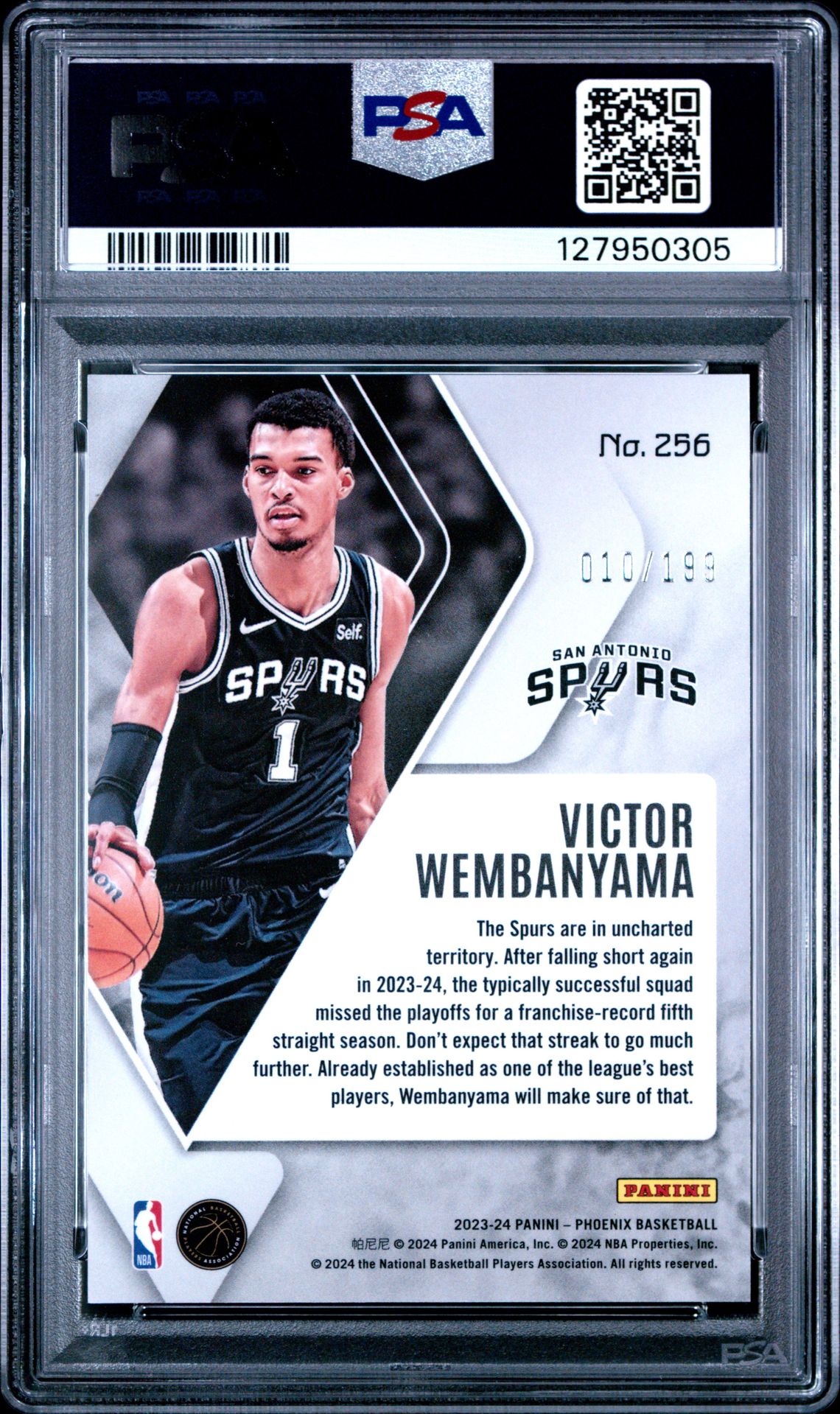 2023 Panini Phoenix Victor Wembanyama #256 (Red) Gem Mt 10 back