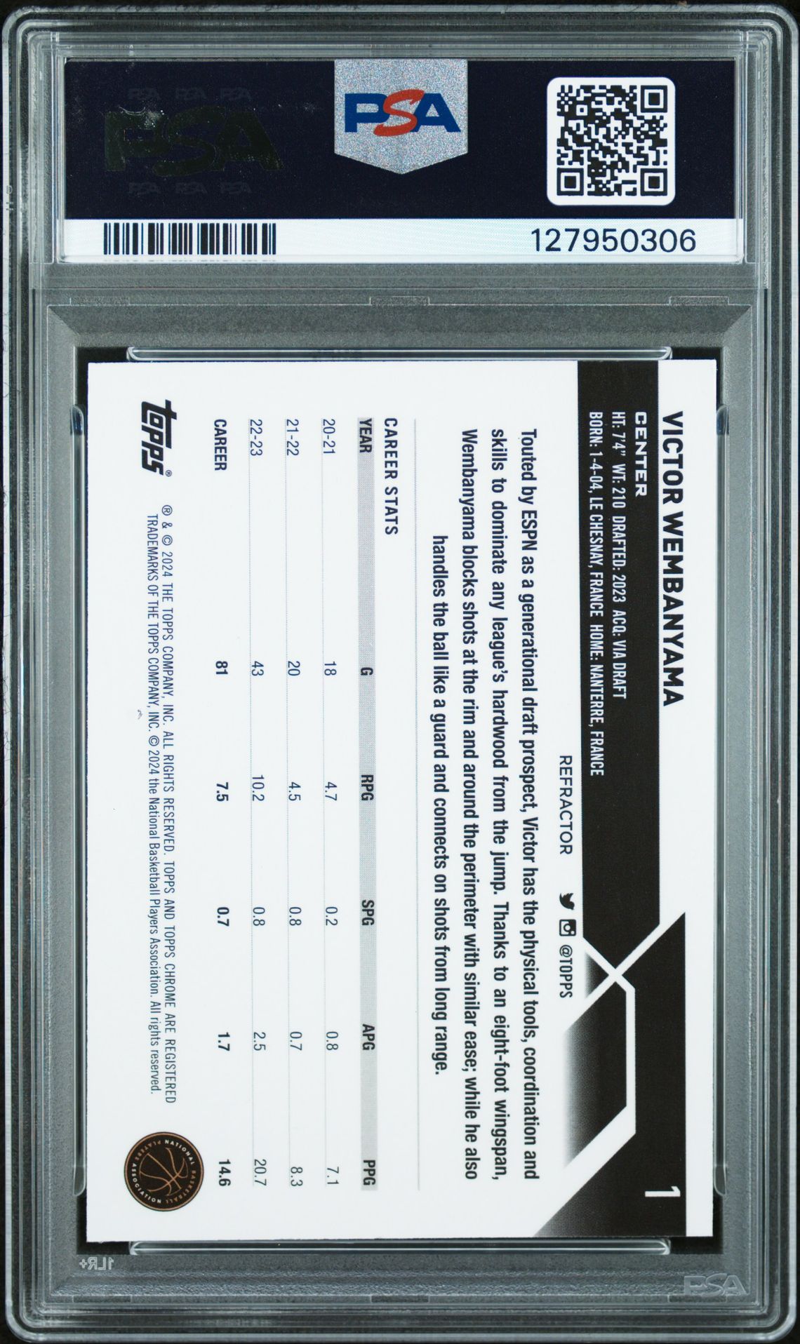 2023 Topps Chrome Victor Wembanyama #1 (Refractor) Mint 9 back