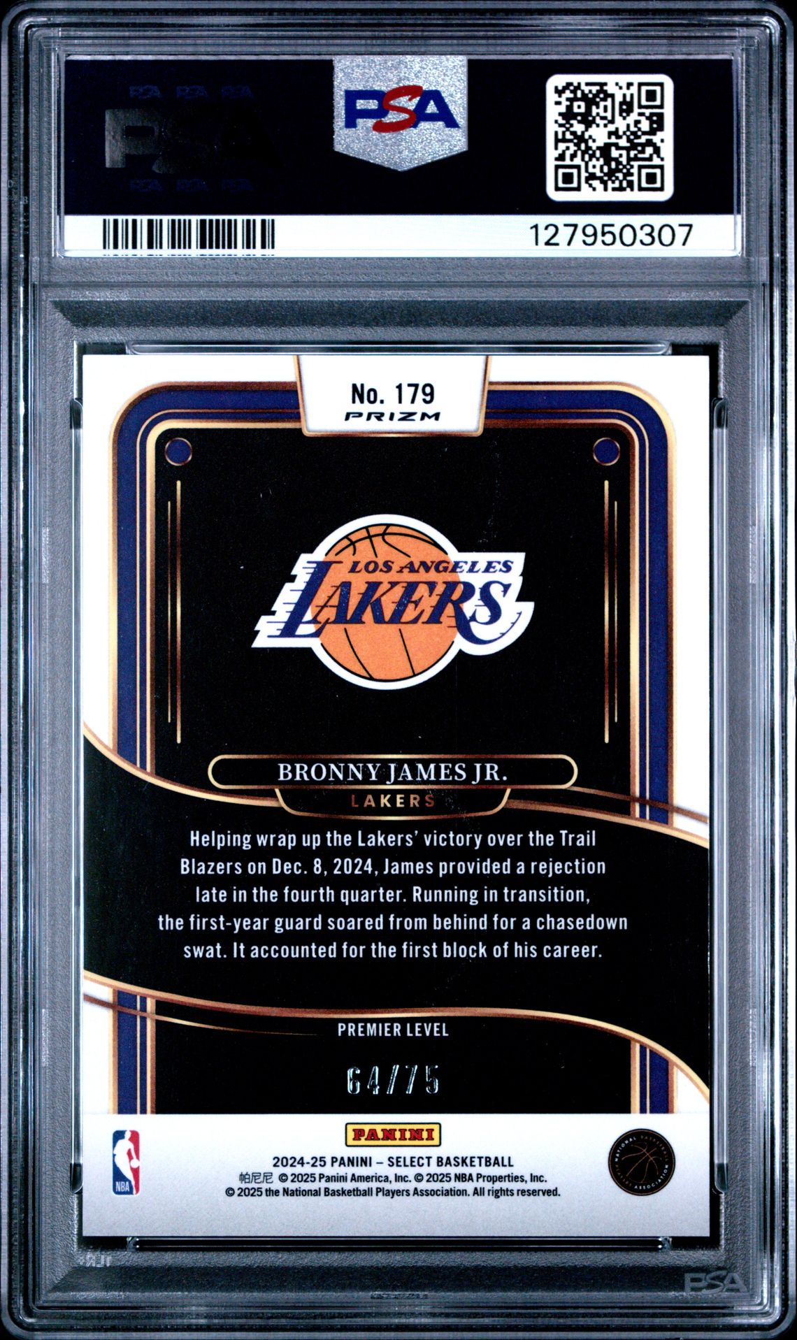 2024 Panini Select Bronny James Jr. #179 (White Disco) Mint 9 back