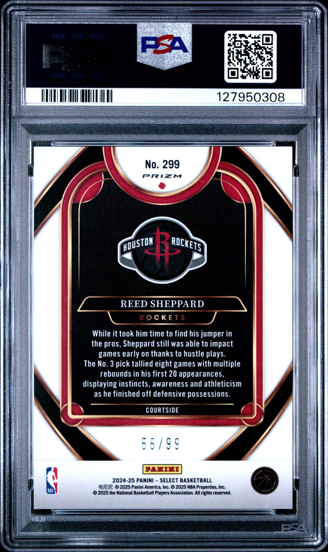 2024 Panini Select Reed Sheppard #299 (Purple Cracked Ice) Gem Mt 10 back