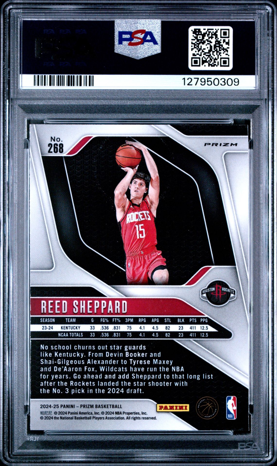 2024 Panini Prizm Reed Sheppard #268 (Ice) Gem Mt 10 back