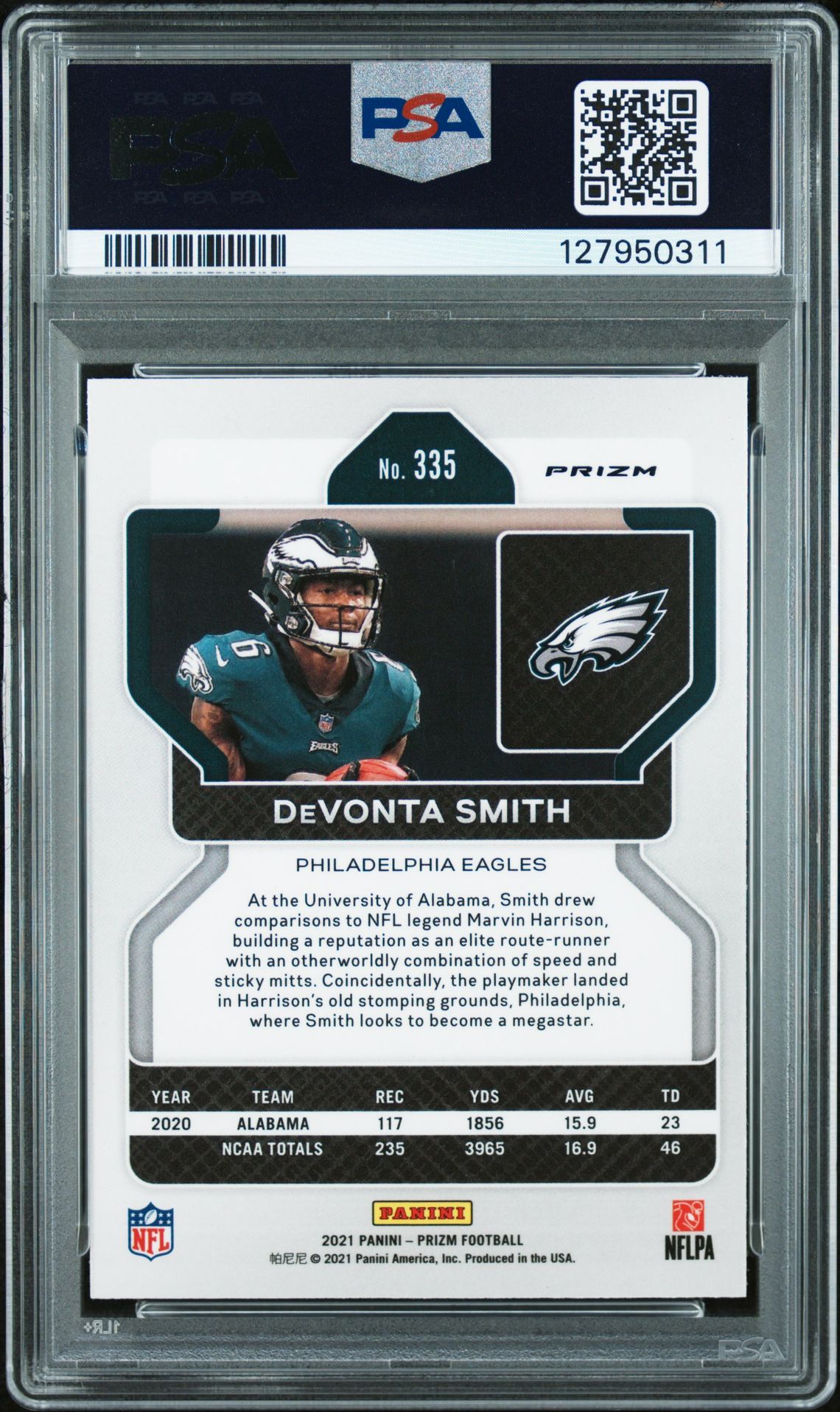 2021 Panini Prizm Devonta Smith #335 (Lazer Prizm) Gem Mt 10 back