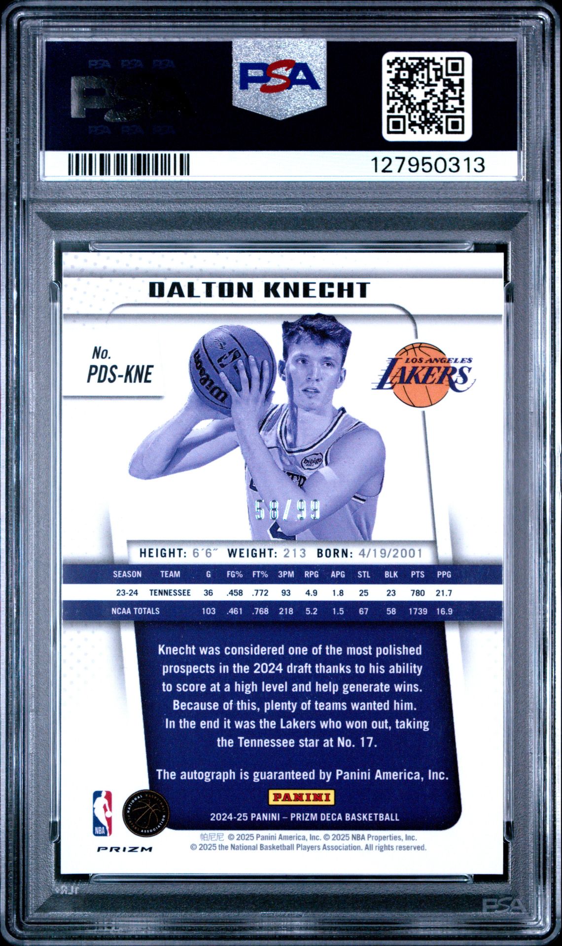 2024 Panini Prizm Deca Signatures Dalton Knecht #Pdskne (Signature-Red Prizm) Gem Mt 10 back