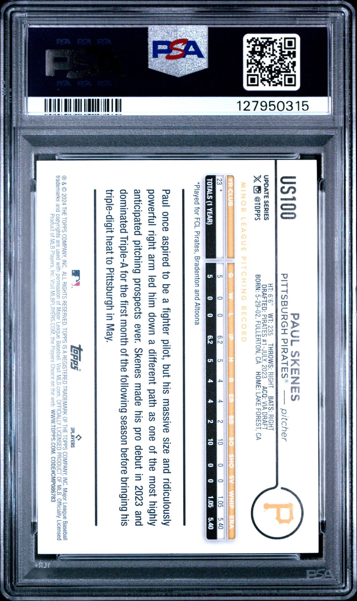 2024 Topps Update Paul Skenes #Us100 (Jack O' Lantern) Gem Mt 10 back