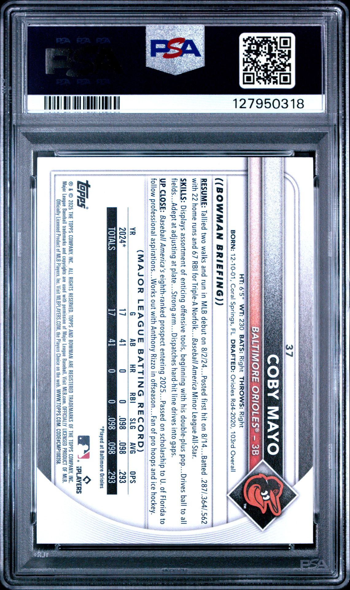 2025 Bowman Coby Mayo #37 Gem Mt 10 back